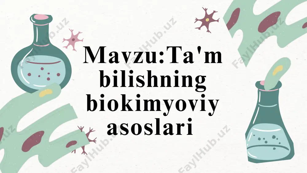 iradi. 2. membrana potensiali o‘zgaradi. 3.depolyarizatsiya va aks potensial hosil bo‘ladi. sho‘r ta’m asosan na⁺ ionlari reseptor: enac (epithelial sodium channel) mexanizm: na⁺ ionlari hujayra ichiga kiradi. membrana potensiali o‘zgaradi. depolyarizatsiya va impuls hosil bo‘ladi. umami (la’natli shirin) ta’m glutamat va ba’zi nukleotidlar (imp, gmp) reseptor: t1r1 + t1r3 gpcr mexanizm: shirin va achchiq ta’mga o‘xshash, ammo boshqa ligand va retseptor bilan. biokimyoviy vositachilar ta’m bilish jarayonida bir qator biokimyoviy moddalar vositachilik qiladi: g-proteinlar (gq, gustducin) ikkilamchi xabarchilar: ip₃, dag, camf ionlar: na⁺, h⁺, ca²⁺ enzimlar: fosfolipaza c, adenilat siklaza ta’m bilishni ta’sirlovchi omillar harorat ph darajasi oziq-ovqat tarkibi og‘iz bo‘shlig‘idagi bakteriyalar genetik farqlilik (masalan, achchiq ta’mni sezish qobiliyati) ta’m bilish va boshqa sezgilar ta’m bilish jarayoni hid bilish, og‘izning mexanik retseptorlari, harorat va og‘riq retseptorlari bilan uzviy bog‘liq. masalan:mentol — sovuqni taqlid qiladi. chili (kapsaisin) — og‘riq va issiqlik retseptorlarini faollashtiradi. sitrusli hidlar ta’mni kuchaytiradi ta'm bilish impulslarini markazga …