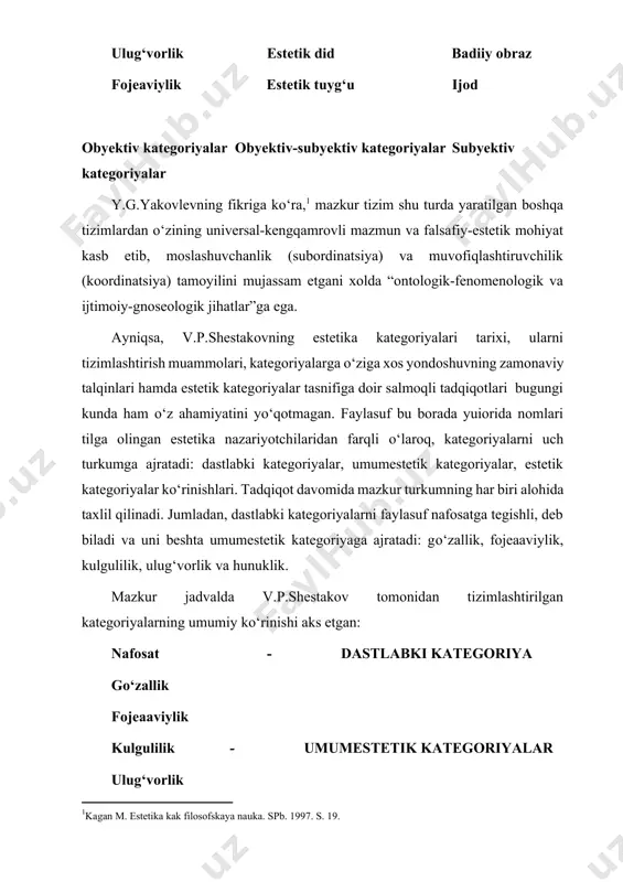 garmoniya biroq, ta’kidlash lozimki, aksariyat adabiyotlarda estetika kategoriyalari asosan gо‘zallik – fojeaviylik – kulgulilikdan iborat uchlik sifatida taqdim etilgan. biroq, davrlar о‘tishi bilan bu an’anaga о‘zgartirishlar va qо‘shimchalar kiritildi. xususan, bu tizimga y.b.borev - ulug‘vorlikni, l.n.stolovich - hunuklikni, m.s.kagan - garmoniya va dramatiklikni, n.i.kiyashenko – qahramonlikni, о‘zbek olimlari t.mahmudov uyg‘unlikni, abdulla sher qiziqarlilikni kiritdi. gо‘zallik - estetikaning markaziy kategoriyasi sifatida. «gо‘zallik»ning tugal ilmiy ta’rifi haqida biror–bir qat’iy fikr mavjud emas. biroq, gо‘zallikning idrok etilishi, tabiatda namoyon bо‘lishi, san’atda aks etishi hamda uning jamiyat rivojiga ta’siri haqida bildirilgan fikrlar, ilgari surilgan g‘oyalar, yaratilgan ta’limotlar о‘zining salmog‘i bilan ahamiyatlidir. inson va uning ruhiy–jismoniy, axloqiy–estetik faoliyati, tabiat va undagi hodisalar, jamiyat va unda rо‘y berayotgan ijtimoiy–ma’naviy, siyosiy–iqtisodiy jarayonlar gо‘zallikka yondoshuvning tarixan tarkib topgan asosiy obyektlaridir. shuni alohida ta’kidlash zarurki, gо‘zallik haqidagi qarashlar va nazariyalar markaziga «gо‘zallik nima?» degan savol qо‘yiladi–yu, ammo ularning aksariyatida «nima gо‘zal?» degan javobni kо‘ramiz. shuning uchun ham odatda, gо‘zallik …