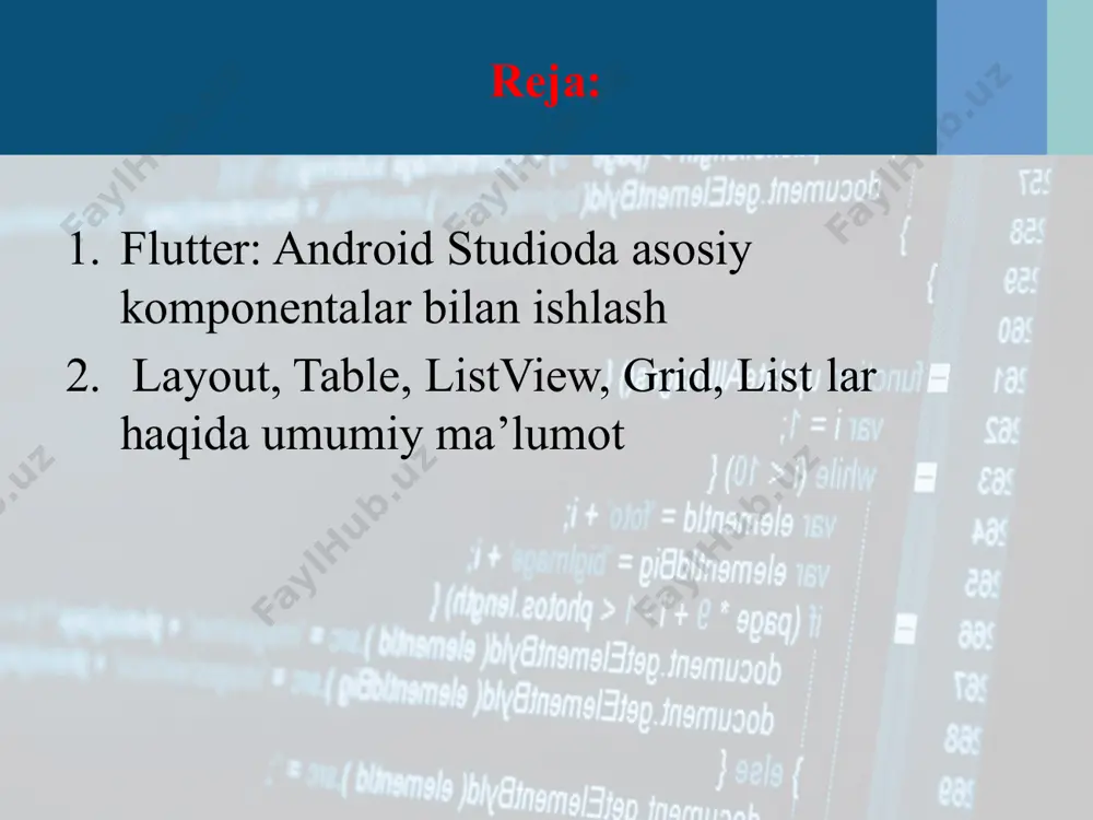 bu usul veb-ustalar tomonidan keng qo'llaniladi. misol natija tablayout/tabitem tablelayout, masalan, sudoku, tic-toe va boshqalar kabi mantiqiy o'yinlar yaratishda foydalanish uchun qulay. tablelayout uchun ba'zi qoidalar mavjud. birinchidan, har bir ustunning kengligi ustundagi eng keng tarkib bilan belgilanadi. ichki elementlari atributlarda match_parent qiymatini ishlatadi. layout_height uchun tablerow xususiyati har doim wrap_content. agar android xususiyati: "* " qiymatini belgilash uchun tablelayout komponentining stretchcolumns bo'lsa, har bir tablerow komponentining tarkibi tartibning to'liq kengligiga cho'zilishi mumkin. misol ob-havo prognozi jadvalini yaratish misol uchun, ob-havo prognozi jadvalini yaratish uchun quyidagi dizayndan foydalanish mumkin: birinchi qatorda jadval sarlavhasini ko'rsatish ikkinchi qatorda taqvim turiga ko'ra sanalar ko'rsatiladi uchinchi qatorda eng yuqori haroratni ko'rsating to'rtinchi qatorda eng past haroratni ko'rsating beshinchi qatorda grafiklarni ko'rsatish (yomg'ir, qor, bulut, quyosh) listview android-ning dastlabki versiyalarida listview komponenti interfeysning eng mashhur elementlaridan biri bo'ldi. listview-elementlarning aylanadigan ro'yxati. listview komponenti textview va boshqa oddiy elementlarga nisbatan qo'llaniladi. ro'yxat bilan ishlash ikki qismdan …