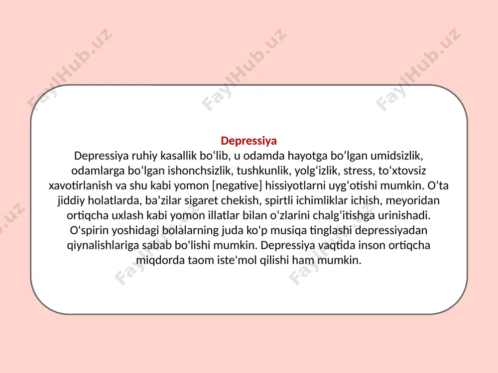 orlar odatda ertalab kayfiyatining yomonlashganini payqaydilar, ular erta uyg'onadi va sekinlashishi yoki tanani yoki uning qismini qo'zg'atishi kabi motorli o'zgarishlar tufayli. atipik tip oldingisidan farqli o'laroq, u ogohlantirishlarga yuqori darajada javob berish bilan tavsiflanadi. bu juda yuqori darajadagi tashvish bilan birga keladi. ba'zi xarakterli alomatlar - bu tuyadi ko'payishi, og'irlik va ko'p soat davomida uxlash zarurati. ushbu epizod tug'ilgandan keyin ayollarda paydo bo'lishi mumkin. alomatlar tug'ruqdan keyingi kunlarda yoki hatto bir yildan keyin paydo bo'ladi. depressiv holatning odatiy xususiyatlaridan tashqari, boshqa o'ziga xos xususiyatlar paydo bo'ladi, masalan, bola bilan yolg'iz qolish qo'rquvi hissi va / yoki o'ziga yoki yangi tug'ilgan chaqaloqqa g'amxo'rlik qila olmaslik. ushbu pastki ko'rinishda gormonal o'zgarishlar asosiy rol o'ynaydi postpartum turi mavsumiy turi asosiy xarakteristikasi shundaki, epizodning boshi ham, oxiri ham yilning ma'lum bir vaqtiga to'g'ri keladi. ular odatda kuzda yoki qishda boshlanadi va bahorda susayadi, garchi ular boshqa paytlarda ham bo'lishi mumkin. pixoterapiya psixoterapiya. har qanday …