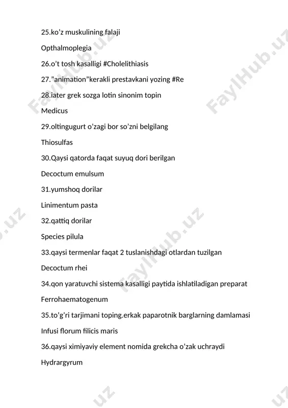 3.taloqning kattalashishi # splenomegalia 74.organizmni sovutish #hypothermia 75.hemi old qo’shimchasiga lotin ekvivalenti.#semi 76.qaysi qatorda grekcha ekvivalent noto’g’ri berilgan soma 77.quloqdan qon oqishi otorrhagia