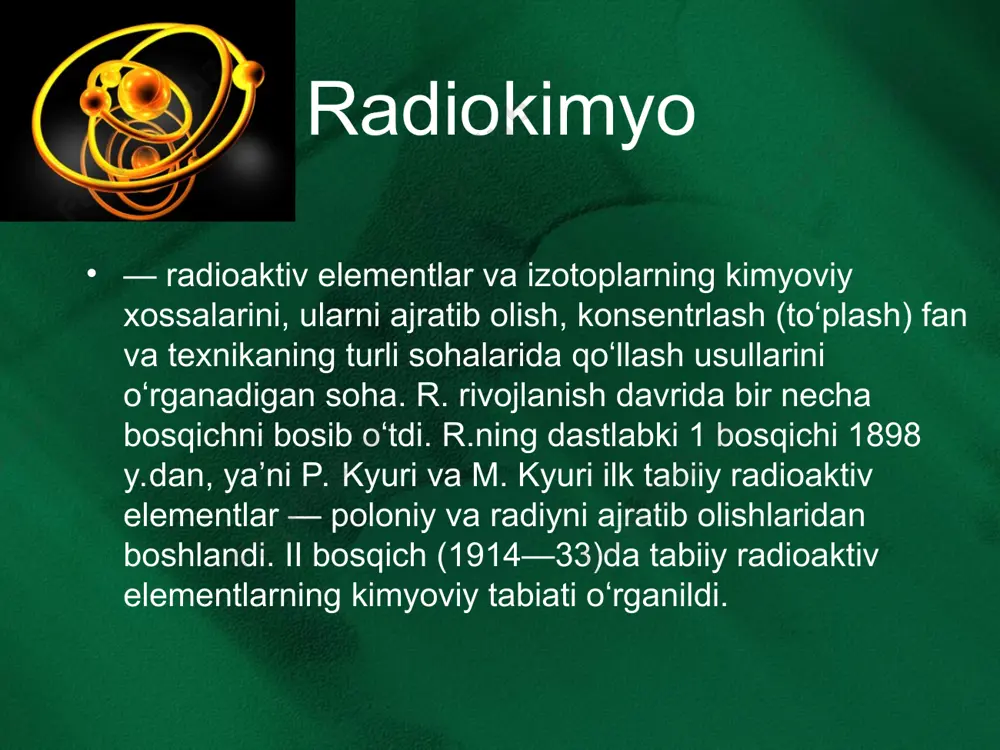 aqiqa transuran elementlar 93 neptuniy np 1940 237 2.2∙106 yil 94 plutoniy pu 1940 244 7.6∙107 yil 95 ameritsiy am 1944 243 7950 yil 96 kyuriy cm 1944 247 1.64∙107 yil 97 berkliy bk 1949 247 104 yil 98 kaliforniy cf 1950 251 800 yil 99 eynshteyniy es 1954 254 480 kun 10 fermiy fm 1953 257 79 kun 101 mendeleyeviy md 1955 258 53 kun 102 nobeliy no 1963 – 66 255 3 daqiqa 103 lourensiy lr 1963 – 66 256 60 soniya 104 kurchatoviy[1] ku 1964 261 70 soniya 105 nilsboriy[2] ns 1970 261 2 soniya 106 siborgoviy sg 1974 259 0.01 soniya 107 boriy bh 1976 261 0.01 soniya ma’lumki, radioaktiv yemirilish qonuni ko’rinishga ega, bu yerda no – radioaktiv elementdagi boshlang’ich yadrolar soni, n – yemirilishdan keyingi qolgan yadrolar soni, t – radioaktiv elementning yarim yemirilish davri, t – yemirilish davom etadigan vaqt. agar radioaktiv elementning …