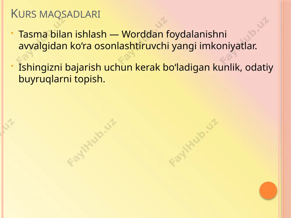o‘shmoq tezkor foydalanish panelini moslashtirmoq... tasma ostida tezkor foydalanish panelini ko‘rsatish tasmani o‘ramoq 14 amaliyot uchun maslahatlar tamadan foydalaning. qo‘shimcha ilovalarni paydo qiling, keyin esa rasm kiriting va rasm vositalari bilan ishlang. kichkina vositalar paneli bilan ishlang. tezkor foydalanish panelidan foydalaning. guruhlar va buyruqlarni yashiring. 15 test 1, savol 1 agar siz word 2007da tugmasini bossangiz nima sodir bo‘ladi? (bitta javob tanlang.) siz vaqtincha tasmani yashirasiz va hujjatingiz uchun ko‘proq joyga ega bo‘lasiz. matningizga kattaroq shrift o‘lchamini qo‘llaysiz. qo‘shimcha parametrlarni ko‘rasiz. tezkor foydalanish paneliga buyruq qo‘shasiz. 16 test 1, savol 1: javob qo‘shimcha parametrlarni ko‘rasiz. ko‘pincha dialog oynasi paydo bo‘ladi va u wordning avvalgi versiyalaridagi kabi tanish ko‘rinishi mumkin. 17 test 1, savol 2 tezkor foydalanish paneli qayerda joylashgan va uni qachon ishlatish kerak? (bitta javob tanlang.) u ekranning yuqori-chap burchagida joylashgan va uni yoqtirgan buyruqlaringiz uchun ishlatishingiz kerak. u matningiz ustiga qalqib chiqadi va formatlash o‘zgarishlarini qilish kerak bo‘lganda …