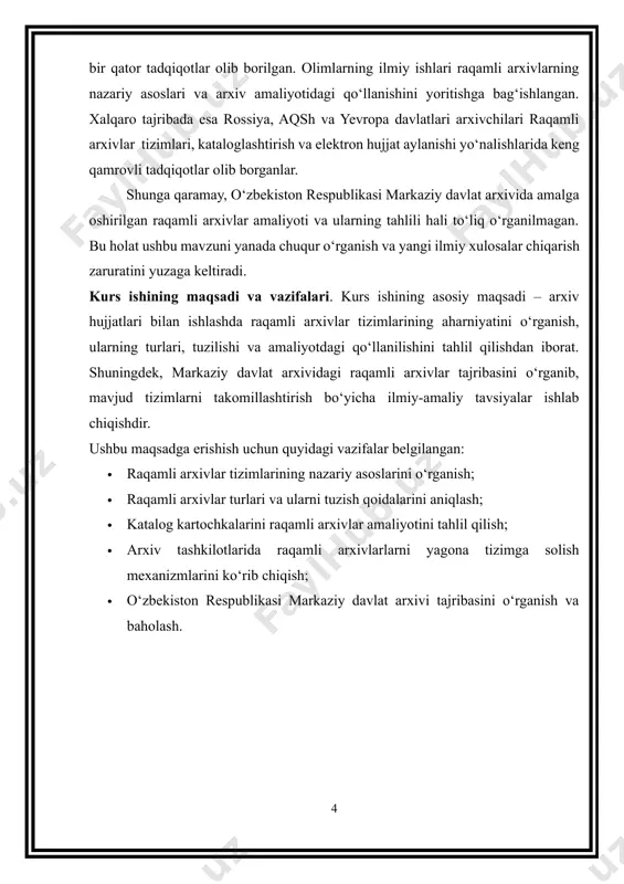 utlash va hujjatlar qiymati ekspertizasi; - axborotni izlab topishni engillashtirish maqsadida arxivnibarcha hujjatlari bo‘yicha axborot -izlash ma’ lumotnomalarini yaratishva kiritish (jildlar nomenklaturasi, ro‘yxat, katalog, ko‘rsatkichlar). - mashinada o‘qiladigan axborot tashuvchilar hujjatlarini butlash,saqlash va izlash; - arxiv hujjatlarini qayd qilish va hujjatlar saqlanishini nazoratqilish; -sug‘urta va hujjatlardan foydalanish fondini tashkil qilish; - axborot-ma’ lumotnoma ishlari, tashkilotlardan kelayotganso‘rovnomalarni bajarilishini nazorat qilish; - ish yuritish va avtomatlashtirilgan ish yuritish tizimini tadbiqqilish (davlat arxivlariga); - butlash manbalariga avtomatlashgan ish yuritish tizimni va elektron hujjat almashish tizimini tadbiq qilishni nazorat qilish (davlatarxivi uchun).arxiv ishini axborotlashtirish maqsadlari quyidagilarhisoblanadi: - arxivshunos ishini yengillashtirish; - arxivdagi ma’lumotlarni hisobini aniqlash va tezkorliginioshirish tashkilotni hujjatlar almashinuvini yig‘ma ma’lumotlariniolish va tahlil qilish; - hujjatlarni ishlatish samaradorligi va intensivligi tahlili; - ish samaradorligini oshirish, so‘rovnomalarni bajarishdahujjatlarni izlash tezligi va aniqligini ta’minlash; - hujjatlarni sozlanishini ta’minlash - arxiv hujjatlariniraqarni ash yo‘li bilan sug‘urta va foydalanish fondlarini noan’anaviyaxborot tashuvchilarda tashkil qilish. axborot texnologiyalari va …