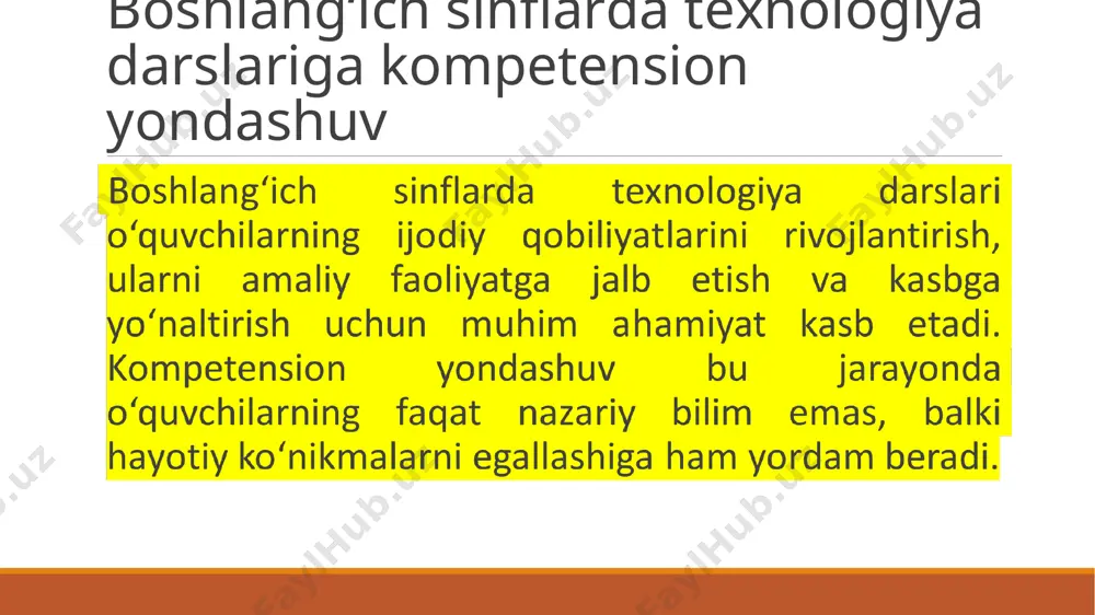 ol toptirish vazifalari tog‘ri berilishi 2-sinf xonasi va asbob-uskunalarning texnologiya ta’limiga javob berishi 3- “taqlid qilish” metodikasi 50%50 4- ishlar ketma-ketligi 5- amaliyotning mustaqil va guruh bo‘lishi 6- vaqtida oqilona baholash texnologiya darslarining olib borilishi dars besh bosqichga boʻlinadi: 1. kirish qismi – mavzu qachon oʻqitilayotganligi oʻquvchilarning oʻsish darajasiga qarab, vaqt jihatdan juda uzoq yoki qisqa boʻlishi mumkin. kirish qismi oʻquvchilarni emotsional qiziqtirishi, oʻquvchi ishlashi lozim boʻlgan biror mehnat obyektini namoyish qilishda goʻzallik hissini uygʻotishi lozim. 2. oʻqituvchining koʻrsatmasi — koʻrsatmalilikning xilma-xil vositalarini qoʻllab oʻqituvchi darsni bu bosqichida oʻquv ishning maqsadini eng muvofiq izchilligi bilan tanishtiradi. 3. oʻquvchilarning topshiriqni mustaqil bajarishi – darsning asosiy qismi boʻlib, unga darsning 2/3, hatto 3/4 qismi ajratiladi. bu bosqichda oʻqituvchi oʻquvchilarni diqqat bilan kuzatib turadi, ularning ishlariga boshchilik qiladi, ish harakatlaridagi ish holatlari, asboblardan foydalanishdagi xatolar va kamchiliklarni kuzatadi. bordi-yu, ish oʻquvchilarga qiyinlik qilsa, oʻqituvchi oʻquvchilarga oʻzi bajarayotgan ish bosqichlariga eʼtibor berib turishini va …
