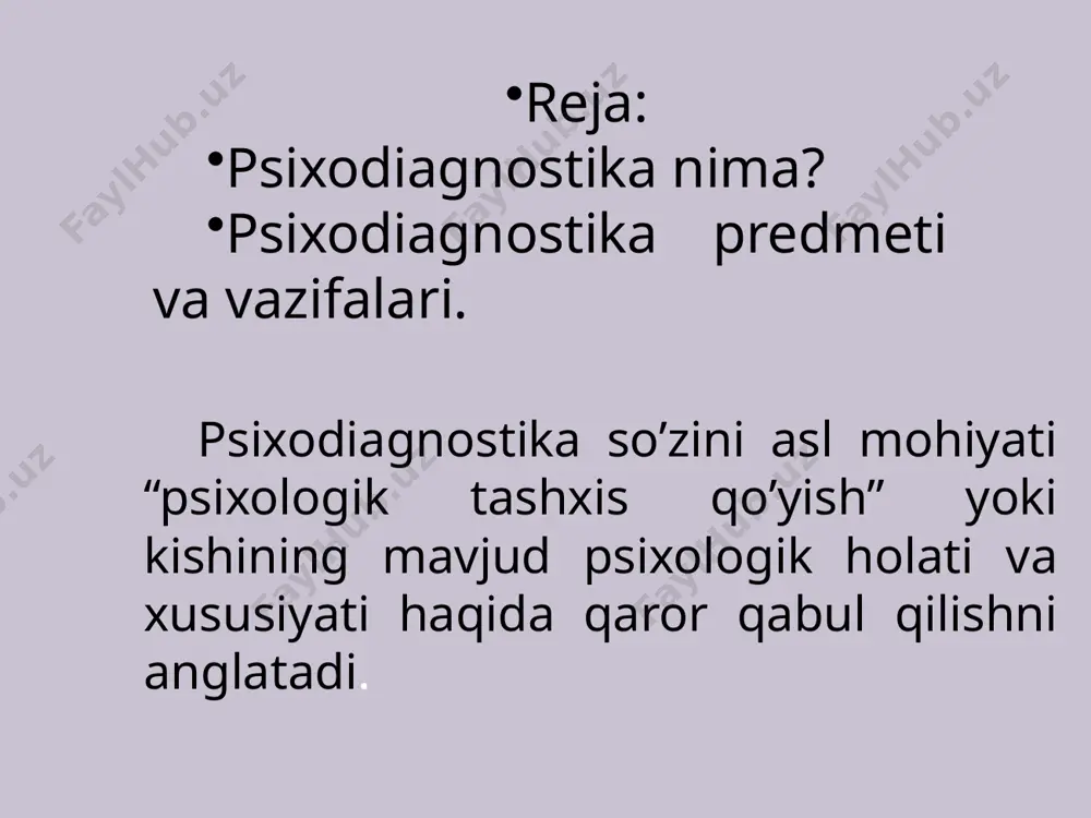 ntirishga yoki korreksion ishlarni tashkil etishga qaratilgan amaliy tavsiyalar orqali ifodalanadi. ўқитувчи таълим ва тарбиядаги кийинчиликлар нима учун ва қандай пайдо бўлишини тушуниши учун, аввало бола психик тараққиётнинг асосий конуниятларини билиши ва турли психик ҳолатларни ихологик диагностика методларини эгаллаши зарур. ўқитувчининг психодиагностик тадқиқот ёки доимий кузатиш жараёнида олинган нагижаларни болалар билан ишлашда қанчалик тўғри фойдалана олиши ҳам муҳим ҳисобланади. тажрибага асосланган психологик диагностика фан сифатида xix аср охирида вужудга келди. худди шу даврда психологияда ўлчаш ғояси кенг тарқалди. психодиагностиканинг мустақил фан соҳасига айланиши олимларнинг инсонлар психикасидаги индиви­дуал фарқларга қизиқишининг ортиши билан боғланган. психодиагностика психологик диагноз қўйиш ҳақидаги фандир. бунда диагноз кўрсаткич ва тавсифномаларни биргаликда таҳлил қилиш асосида синалувчининг ҳолати ва хусусиятлари ҳақидаги хулосалардан иборат. психологик диагноз (diagnosis - грекча, аниқлаш, билиш деган маъноларни англатади) шахс индивидуал-психологик хусусиятларининг ҳозирги ҳолатига баҳо бериш, ривожланишини олдин-дан айтиб бериш (прогноз қилиш) ва психодиагностик текширув вазифалардан келиб чиқиб, тавсиялар ишлаб чиқишга қаратилган психолог фаолиятининг сўнгги …