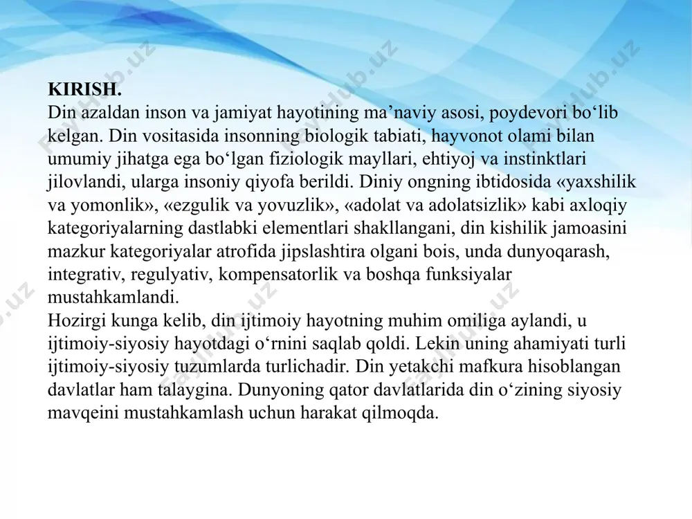 majburan singdirishga yo‘l qo‘yilmaydi», – deb ta’kidlanadi. istiqlol arafasida, markaziy osiyoda diniy omil mavqeining ortib borishini hisobga olib, 1991 yil 14 iyunda «vijdon erkinligi va diniy tashkilotlar to‘g‘risida»gi qonun qabul qilindi. bu qonun jamiyatni demokratlashtirish ehtiyojlaridan kelib chiqqan holda, tobora kuchayib borayotgan mustaqillik uchun g‘oyaviy kurash ta’sirida sobiq o‘zbekiston sho‘ro hukumati tomonidan qabul qilingan edi. keyingi yillarda o‘zbekistonda dinga munosabat tubdan o‘zgardi. mustabid tuzum davrida dinga nisbatan bir yoqlama (taqiqlovchi) mu-nosabat o‘rnini diniy e’tiqod erkinligi egalladi. bu narsa asosan ijobiy bo‘lsa-da, sekin-asta salbiy tus ola boshladi. diniy bilimlardan uzoq davr mahrum bo‘lgan ayrim kishilar g‘ayridiniy, ekstremistik janggarilik ruhidagi, imomi a’zam mazhabidan farq qiluvchi ayrim aqidalarga ergasha boshladilar. diniy e’tiqodga ham islohot niqobi ostida azaliy diniy an’analarimizga zid bo‘lgan turli oqim va mazhablar vakillari kirib kela boshladilar. shu davrda qurila boshlangan ko‘plab masjidlarda o‘tmishi noma’lum bo‘lgan g‘araz maqsadli kimsalar «in qura» boshladilar. ular jamiyat hayotida siyosiy mavqega ega bo‘lish, islom diniy …