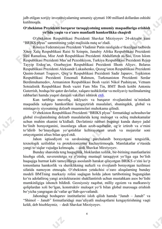 yaratiladi. o‘rmon xo‘jaligi agentligining bu yo‘nalishdagi mas’uliyati oshiriladi. endilikda u cho‘llanishga qarshi kurashish bilan ham shug‘ullanadi, hokimliklar qoshidagi “yo‘l ko‘kalam” tashkilotlari agentlik tizimiga o‘tadi. agentlikka fanlar akademiyasi bilan birgalikda 20 gektarda tajriba-sinov maydonchasi qilib, degradatsiyaga uchragan yaylovlarni qayta tiklaydigan o‘simliklarni yetishtirish vazifasi qo‘yildi. prezidentimiz jamiyatda sog‘lom turmush tarzini keng ommalashtirish masalalariga ham to‘xtalib o‘tdi. aholini jimoniy sog‘lomlashtirish, sport, yurish va to‘g‘ri ovqatlanish bo‘yicha yangi-yangi yondashuvlarni joriy qilish muhimligi qayd etildi. muhim iqtisodiy yo‘nalishlar tahlil qilinib, qo‘shimcha imkoniyatlar ko‘rsatib o‘tildi prezident shavkat mirziyoyev 22-oktyabr kuni mahalliylashtirish, davlat-xususiy sheriklikni rivojlantirish, xorijiy investitsiyalarni jalb qilish masalalari bo‘yicha yig‘ilish o‘tkazdi. iqtisodiyotni harakatlantiruvchi bu yo‘nalishlarda katta ishlar amalga oshirilmoqda. so‘nggi yetti yilda mamlakatimizga 78 milliard dollardan ziyod xorijiy investitsiyalar kelgan. davlat-xususiy sheriklik bo‘yicha qonun qabul qilinib, mingdan ziyod loyihalar boshlangan. 1 ming 800 turdagi yangi mahsulotni o‘zimizda ishlab chiqarish yo‘lga qo‘yilgan. shu bilan birga, hali salohiyat katta. yig‘ilishda mazkur yo‘nalishlarning har biri tahlil qilinib, qo‘shimcha …