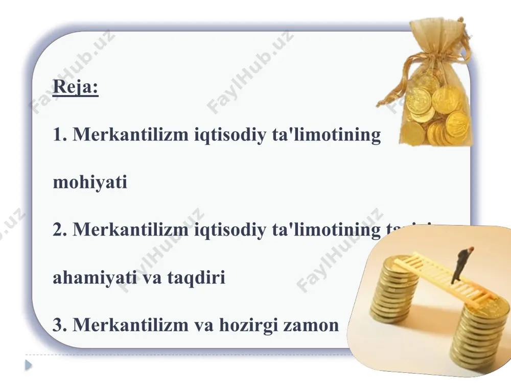 allar oltin va kumush ishlatilgan, shu sababli oltin va kumush zahilarini ko’paytirish borasida ma'lum iqtisodiy siyosatlar ishlab chiqarildi. shakllanib kelayotgan yangi iqtisodiy munosabatlarning rivoji uchun muhim yangi moddiy turtki paydo bo’ldi. kapitalizmning shakllanishi va rivoji uchun kapitalning dastlabki jamg’arilish jarayoni kuchaydi, unga qulay imkoniyat yaratildi. ayniqsa savdo rivoj topdi, bosib olingan yerlardagi arzon-garov xom-ashyolar yevropaga oqib kela boshlandi, bu yerda tayyorlangan tayyor mahsulotlar esa u yerlarga olib borib sotildi. savdo kapitalining roli beqiyos o’sdi. tarixan esa bu kapital umuman kapitalning dastlabki shakli bo’lib qoldi. undan esa sanoat kapitali ajralib chiqdi. merkantilizm iqtisodiy siyosatda nazariya va ta'limotda mamlakatda va davlat xazinasida imkoni boricha nodir metallarni (oltin, kumush, javohir, zar va durlarni) ko'proq to'plash; savdo, pul oboroti, ya'ni muomala sohasida iqtisodiy qonuniyatlarni izlab topish. merkantilizm ilk merkantilizm rivojlangan merkantilizm xv-xvi asrlarda mavjud bo'ldi va boylik asosan oltin, kumush va boshqa qimmatbaho javohirlardan iborat bo'ladi, degan g'oyani ilgari surdi. shunga oid siyosat ham …