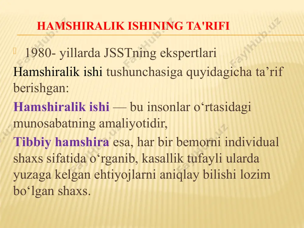 nib qoladi. xastalik uzoq davom etadi, holsizlanganligiga qaramay, o’zining mashhur «parvarish haqida xotiralar”ini yozadi. unda hamshiralik ishiga kasb sifatida tushuncha beradi, uning shifokorlik kasbidan farqini izohlaydi. uning modeli bo’yicha avvaliga yevropada, so’ngra amerikada birinchi hamshiralar maktabi tashkil qilinadi. angliyada bu qahramon ayol sharafiga yig’ilgan mablag’ hisobiga shunday maktab ochiladi. hozirgi vaqtda ham f.naytingeyl yozib qoldirgan kasbiy qadriyatlar o’zgarmay kelyapti. xalqaro qizil xoch jamiyati 1912-yili florens naytingeyl medalini ta'sis etdi. harbiy harakatlar sohasida qahramonlik ko’rsatgan hamshiralar ana shunday medal bilan taqdirlandilar. ikkinchi jahon urushi davrida sobiq ittifoqdan 46 hamshira bu medalga sazovor bo’lgan. toshkent shahar 4-bolalar poliklinikasining hamshirasi matluba eshonxo’jayeva ham o’z fidoiy mehnati uchun o’zbekistonda birinchi bo`lib bu medal bilan mukofotlangan. hamshiralik ishining rivojlanishi hamshira paydo bolishi bilan uning zimmasidagi vazifalar kolami ham tobora kengayib bordi. u nafaqat buyurilgan vazifalarni bajaruvchi, balki qabulga keluvchilar bilan muloqotda boluvchi, bemorni parvarish qiluvchi hamshiralik ishini amalga oshiruvchi kishiga aylandi. bugungu kunda hamshiralarga quyidagi …