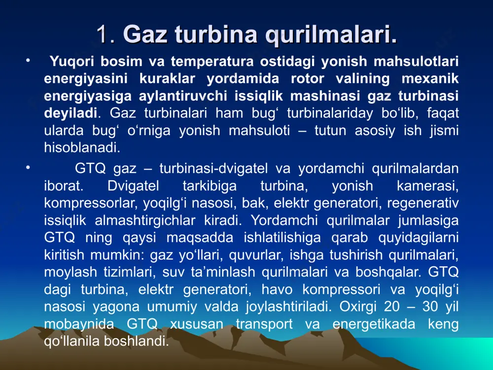 mon gtq ning deyarli hammasi yonish mahsulotlari turbinaning oqim qismi orqali o‘tadigan sxema bo‘yicha ishlaydi. shu sababli gaz turbinalarida ishlatiladigan yoqilg‘i tarkibida zararli aralashmalar miqdori juda kam bo‘lishi kerak. bunday yoqilg‘ilar jumlasiga tabiiy gaz, yaxshi tozalangan sun’iy gazlar (domna gazi, koks gazi, generator gazi) gaz turbinalarida ishlatiladigan maxsus suyuq yoqilg‘i (dizel, motor yoqilg‘isi, solyar moyi) kiradi. gtq lar ish moddasini yoqish uslubiga ko‘ra v – const, p – const va aralash bosqichli bo‘ladi. 2. ichki yonuv dvigatellari x1x asrlarning 70-80-yillarida mexanik ishning asosiy manbai bug‘ mashinasi hisoblanib, unda bosimi va temperaturasi past bo‘lgan bug‘ qo‘llanilgan. yoqilg‘i yonganda hosil bo‘lgan yuqori temperaturali gazlar bug‘ qozonlariga yuborilib, ma`lum bir temperatura va bosimli bug‘ olingan. yoqilg‘i issiqligidan bunday usuldan foydalanish bug‘-kuch qurilmalarining termik f.i.k.ni pasaytirishga olib kelgan. shu sohada jahonning ko‘p mamlakatlaridagi olimlarning xarakati tufayli yangi dvigatelg‘ yaratildi. bu dvigatelda yoqilg‘i yonishidan hosil bo‘lgan gazlar bevosita mashinaning porsheniga tasir qiladi. silindrning porsheni ostida …