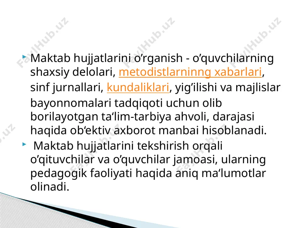 jalari va ularni amalga tadbiq etish. pedagogikada bu jarayon turli yo’llar bilan amalga oshirilishi mumkin. chunonchi, tadqiqotchilarning seminarlarda, ilmiy konferentsiyalarda tadqiqot natijalari bo’yicha ma‘ruzalar bilan chiqish ilmiy maqolalar, kitoblar nashr etish, o’qituvchilarga mo’ljallangan metodik tavsiyalari bo’lishi mumkin. pedagogikada hali hal etilmagan muammolar juda ko’p. bular ilmiy – tadqiqot olib borish yo’li bilan hal etiladi. anketa metodi. anketa fransuzcha so'z bo'lib, tekshirish degan ma'noni anglatadi. anketa metodi o'quvchilardan so'rash metodi bo'lib, u o'quvchilar tarkibining sifati to'g'risida kerakli ma'lumotlarni olish uchun, ularning fikrlari va qarashlarini aniqlash uchun, shuningdek kasbga yo'llashni belgilash uchun ma'lum bir shaklda o'tkaziladi. kontent-tahlilmetodi(inglizcha “contens”–mazmun)–hujjatlarda aksettirilganturlidalillarva an’analarlarnianiqlashyokio’lchash maqsadida ularning mazmunini sifat hamda miqdor ko’rsatkichlari asosida tahlilqilishusuli. matn bilan tanishgunga qadar nima sodir bo’lganligi hamda u yoki bu holatning nima uchun ushbu matnda aks etganliginini aniqlash (bu yerda matn o’rganilayotgan ob’ektning ma’lum jihati: borliq, muallif yoki matn yo’naltirilgan shaxsning holatini yoritadigan indikator sifatida namoyon bo’ladi); matnni faqat undagina mavjud bo’lgan …