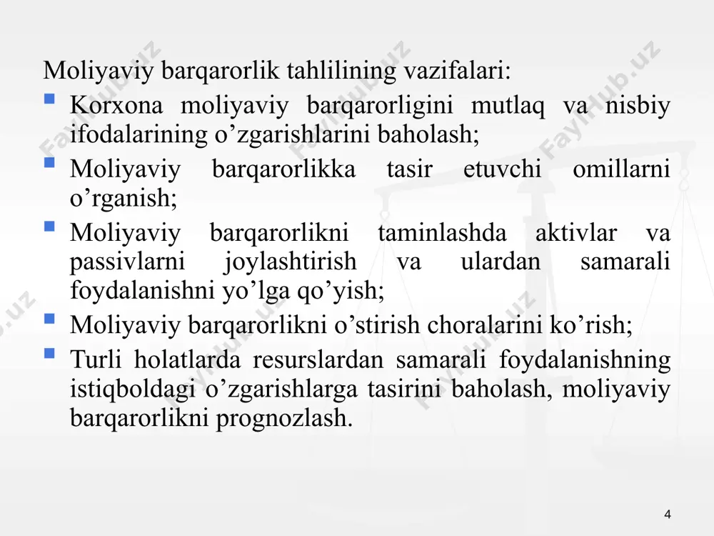 tanomiya) koeffitsenti o’mm/bj o’mm- o’z mablag’lari manbai bj- jami mablag’lar o’z mablag’lari manbasi va majburiyatlar nisbati koeffitsenti o’mm/m m-majburiyatlar moliyaviy qaramlik koeffitsenti bj/o’mm bj-balans jami o’mm-o’z mablag’lari manbasi jalb qilingan sarmoyaning jamlanganlik koeffitsenti jqk/jk jqk-jalb qilingan kapital (m) jk-jami kapital (bj) xususiy kapitalning manyovrlik koeffitsenti o’amn/xk o’amn-o’z aylanma mablag’lari naqdligi moliyaviy barqarorlik koeffitsenti o’mm/jqk jqk-jalb qilingan kapital majburiyatlarning o’z mablag’lari nisbati koeffitsenti m/o’mm m-majburiyatlar o’mm-o’z mablag’lari manbasi qarz kapitalini to’planganlik koeffitsenti m/bj m-majburiyatlar (qarz kapitli) bj- jam mablag’lar uzoq muddatli majburiyatlarning jami mablag’lar va majburiyatlar tarkibidagi salmog’i koeffitsenti umm/ bj, m umm-uzoq muddatli majburiyatlar joriy majburiyatlarning jami mablag’lar va majburiyatlar tarkibidagi salmog’i jm/ bj, m jm-joriy majburiyatlar kreditorlik majburiyatlarining jami mablag’lar va majburiyatlardagi salmog’i koeffitsenti km/ bj, m km-kreditorlik majburiyatlari moliyaviy barqarorlikka ta’sir o‘tkazuvchi ichki omillar: - ishlab chiqarilayotgan mahsulot (xizmat) tarkibi, uning to‘lovga qobil umumiy talabdagi ulushi; - to‘langan ustav kapitali miqdori; - korxonaning xarajatlari va daromadlari nisbati; - …