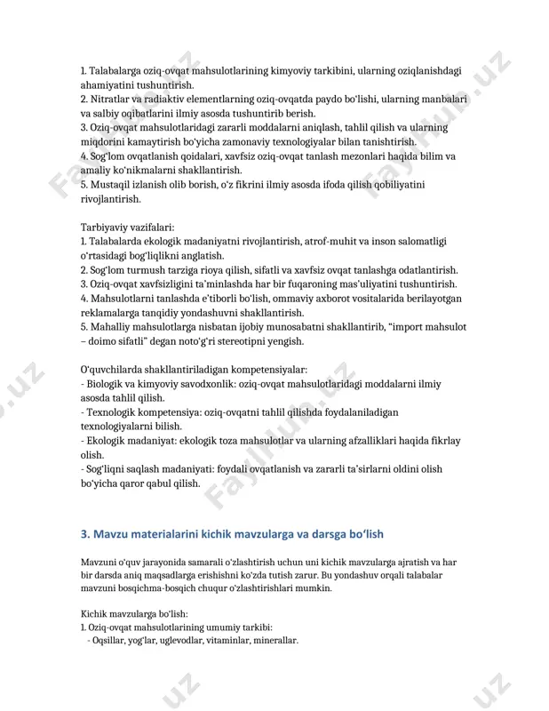 a ilmiy asoslangan yondashuv muhim ahamiyat kasb etadi. 2. mavzuning o‘quv-tarbiyaviy vazifalari oziq-ovqat mahsulotlarining tarkibi, ularning inson salomatligiga ta’siri, xususan zararli moddalar — nitratlar va radiaktiv elementlar haqida bilim berish — zamonaviy ta’limning muhim yo‘nalishlaridan biridir. bu mavzu orqali talabalarda nafaqat nazariy bilim, balki amaliy ko‘nikma, ekologik ong, sog‘lom turmush tarzi tushunchasi shakllanadi. asosiy o‘quv vazifalari: 1. talabalarga oziq-ovqat mahsulotlarining kimyoviy tarkibini, ularning oziqlanishdagi ahamiyatini tushuntirish. 2. nitratlar va radiaktiv elementlarning oziq-ovqatda paydo bo‘lishi, ularning manbalari va salbiy oqibatlarini ilmiy asosda tushuntirib berish. 3. oziq-ovqat mahsulotlaridagi zararli moddalarni aniqlash, tahlil qilish va ularning miqdorini kamaytirish bo‘yicha zamonaviy texnologiyalar bilan tanishtirish. 4. sog‘lom ovqatlanish qoidalari, xavfsiz oziq-ovqat tanlash mezonlari haqida bilim va amaliy ko‘nikmalarni shakllantirish. 5. mustaqil izlanish olib borish, o‘z fikrini ilmiy asosda ifoda qilish qobiliyatini rivojlantirish. tarbiyaviy vazifalari: 1. talabalarda ekologik madaniyatni rivojlantirish, atrof-muhit va inson salomatligi o‘rtasidagi bog‘liqlikni anglatish. 2. sog‘lom turmush tarziga rioya qilish, sifatli va xavfsiz …