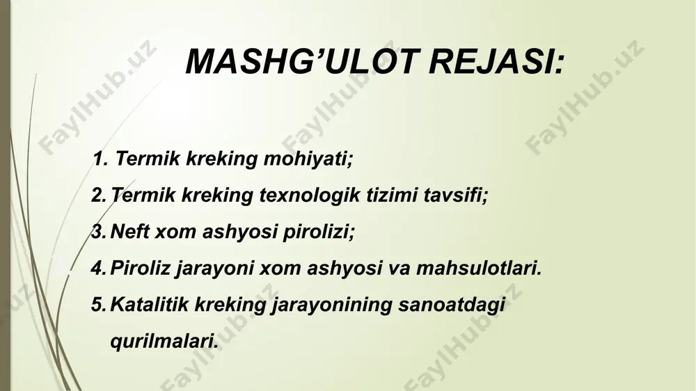 bir qismi k-3 rektifikastion kolonnaning pastki qismiga, ikkinchi qism k-4 past bosimli bug’latish kolonnasining yuqori qismiga be riladi. k-4 kolonnaga berilgan xom ashyo og’ir g’azoyl fraksiyalari bilan tuyinib k-3 kolonnaga uzatiladi. k-3 kolonna tagligidan qoldiq p-1 pechga uzatiladi. k-3 kolonna ajratuvchi tarelka yordamida ikki qismga ajratilgan bo’lib, bu tarelkada yig’ilgan mahsulot p-2 pechga uzatiladi. 1-rasm 1-rasm. termik krekinglash texnologik tizimi i-xom ashyo; ii-gaz; iii-barqarorlashtiruvchi kolonna yuqorisidan chiquvchi fraksiya; iv-barqaror benzin; v-kerosin-gazoyl fraksiyasi; vi-kreking qolqig’i p-1 va p-2 pechlarda termik kreking jarayoni borib, krekinglash mahsuloti bu pechlardan k-1 reakstion kolonnaga, undan yuqori bosimli bug’latish kolonnasi k-2 ga uzatiladi. k-2 kolonnada suyuqlik bug’ sistemasidan krekingqoldiq ajratiladi va k-4 kolonnaning pastki qismiga beriladi. k-4 da kreking qoldiqdan kerosin-gazoyl fraksiyasi bug’lari ajralib, kolonna yuqorisidan chiqariladi. k-2 kolonna yuqorisidan chiqarilayotgan bug’lar k-3 rektifikastion pastki qismiga uzatiladi. k-3 kolonna yuqorisidan benzin bug’lari va gaz chiqarilib, xk-1 sovitgich va e-1 gaz separatori vositasida nostabil benzin va gazga …