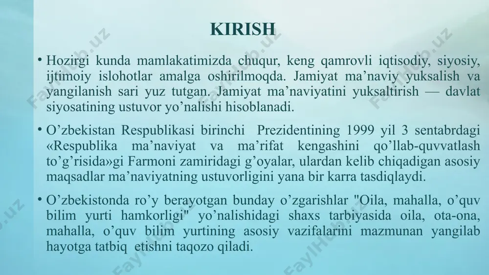 ular (xotini) juda bema’ni ish qilishmasa, ularga ozor bermaslik va mabodo noo‘rin ish qilgan taqdirda ularni beozor urish mumkinligi. 5. erga yoqmaydigan kishilarni uyga kiritmaslikni talab kilish. oilada farzand tarbiyasini rivojlantirishning pedogogik va psixologik asoslari har yili dunyo boʼylab 40 millionga yaqin bolalar ekspluatatsiya qilinayotgani taxmin qilinsa-da, аqsh, buyuk britaniya, germaniya va hindistonda koʼplab holatlar mavjud. har yili dunyo boʼylab millionlab bolalar turli yoʼllar bilan jismoniy, jinsiy, hissiy va iqtisodiy ekspluatatsiya qilinadi. baʼzi mamlakatlarda bolalar zoʼravonligini yashirish obʼektiv tadqiqotlarga toʼsqinlik qiladi va koʼrilgan choralarga qaramay, ekspluatatsiya koʼrsatkichlari oʼsishda davom etmoqda. yevropa kengashi maʼlumotlariga koʼra, yevropada har beshinchi bola jinsiy zoʼravonlikning qandaydir koʼrinishidan aziyat chekadi. sinf rahbarining oila va jamoa bilan olib boradigan faoliyati o’quvchining o’quv mehnatiga tavsifnoma, o’qishdagi muvaffaqiyati va muvaffaqiyatsizligi, ularning sabablari, olayotgan baholari.o’quvchinnig ijtimoiy faolligi haqida axborotlar, o’quvchining jamoa hayotidagi ishtiroki nimalardan iborat ekanligi, jamoat topshiriqlari va vazifalarning bor- yo’qligi, sababi, ularga o’zining munosabati. o’quvchining o’z o’rtoqlari, o’qituvchilari …