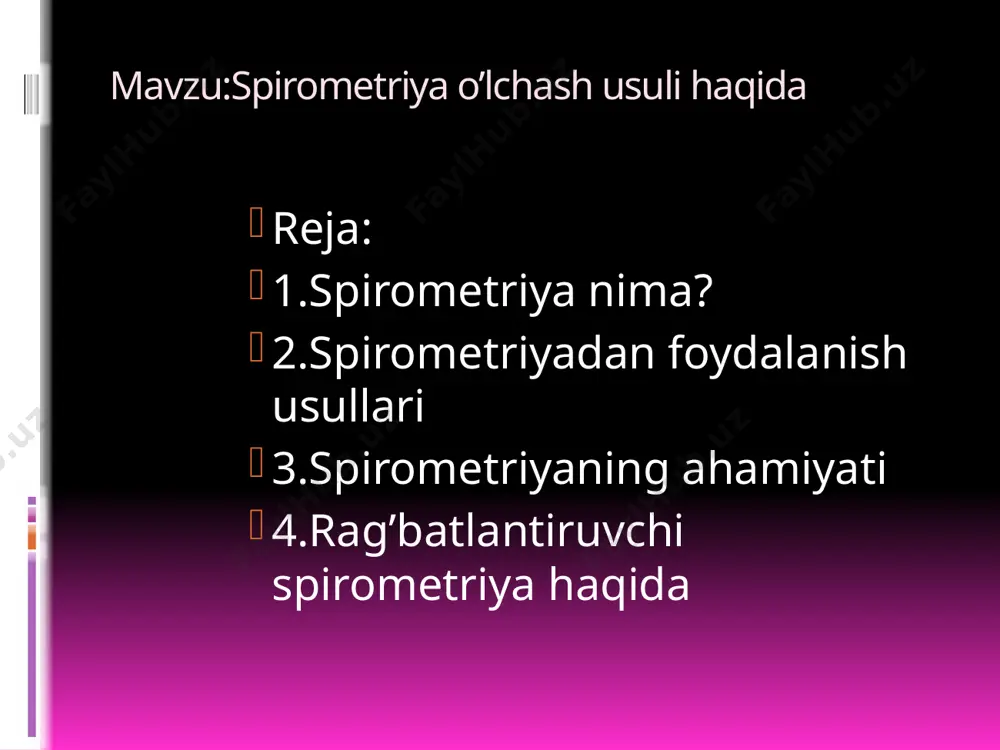 isi uchun zarurdir. spirometr yordamida o’pkaning tiriklik sig’imini tekshirish tajribaga kerakli anjomlar: spirometr, stakandagi margansovka eritmasi, tajriba odamda o`tkaziladi. tajriba o`tkazish tartibi. odamda o`pkaning tiriklik sig`imini o`lchash uchun atmosferadan iloji boricha chuqur nafas olib, o`pkadagi havoni oxirigacha spirometrga chiqarishi kerak. spirometr ekranida tekshiriluvchiga tegishli o`pkaning tiriklik sig`imini ko`rsatuvchi raqamlar ko`rinadi. tajribani rasmiylashtirishga doir ko`rsatmalar. birinchidan, bemordan chuqur nafas olish va nafasini ushlab turish talab etiladi, shundan so'ng siz og'ziga mahkam yopishib olishingiz kerak, so'ngra osoyishtalik va osoyishtalikni havoga ko'tarib chiqing. surunkali o'pka kasalliklarida bu jarayon 15 sekundni tashkil qilishi mumkin. nafas olish tugallangandan so'ng, bemorga chuqur nafas olish, nafas olishni va nafasni kuch bilan sarf qilish talab qilinadi. birinchi holatda tinch nafas olish, ikkinchidan esa ekshalatsiya kuchi aniqlanadi. ma'lumotlarning to'g'riligi uchun ushbu protsedura uch marta bajariladi va o'rtacha indeks chiqariladi. bugungi kunda 4 turdagi spirometrik namunalar mavjud: maxsus preparatlardan foydalanish - bronkodilatatorlar, bronkospazmni olib tashlash. xotirjam nafas olish sinovi; majburiy …