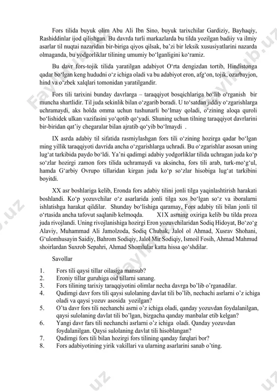 i sosoniylar davlati va zoroastrizmning rasmiy tili bo‘lib xizmat qilgan. bu davrdagi fors tilining yozuvi oromiy yozuviga asoslangan bo‘lib, ideogrammalar yordamida, ya’ni oromiy til so‘zlari bilan, o‘rta davr fors so‘zlari belgilar bilan yozilib, forscha o‘qilgan. o‘rta davr fors tili grammatik qurilishining soddaligi va fonetik jihatdan rivojlanganligi bilan qadimgi fors tilidan farq qiladi. manbalarda fors tilining bu davriga oid turli yodgorliklari bilan birga so‘g‘d, sak va xorazm tillariga doir ma’lumotlar bor. eronda arab xalifalari hukmronligi davrida (vii–ix asrlarda) davlat va adabiy til arab tili edi. shuning uchun ham bu davrda fors tilida yozilgan birorta hujjatning borligi hanuzgacha ma’lum emas. bu hol forslarning faqat arab yozuvi va arab tilida yozganliklarini ko‘rsatadi. ma’lumki, arablar hukmronligi davrida markaziy osiyolik mashhur olimlar al-xorazmiy, abunasr farobiy, abu ali ibn sino, aburayhon beruniy ham o‘z asarlarini arab tilida yozgan edilar. fors tilining yangi davr taraqqiyot bosqichi ix asrdan hozirgacha bo‘lgan davrni o‘z ichiga oladi. ix asr boshlariga …