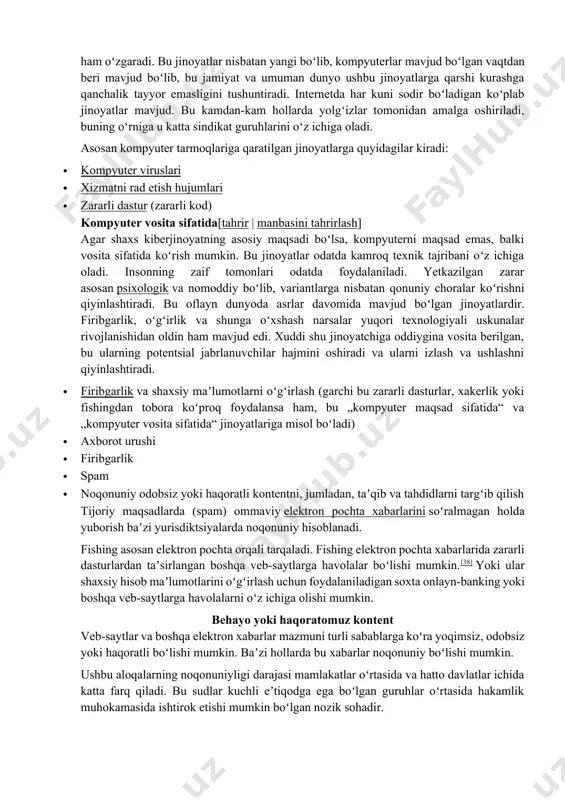 ida toʻlov toʻlanmasa, maʼlumotlarni doimiy ravishda oʻchirib tashlash bilan tahdid qiladigan kibertoʻplashning bir turi. kapersky lab 2016 security bulletin hisobotiga koʻra, biznes har 40 daqiqada ransomware qurboni boʻladi. 2021-yilda har 11 daqiqada biznesga hujum qilishni bashorat qilgan. ransomware dunyodagi eng tez oʻsib borayotgan kiberjinoyatlardan biri boʻlib qolmoqda, 2021-yilda ransomware global zarari 20 milliard dollargacha tushishi taxmin qilinmoqda. kiberpornografik savdo kiberpornografik savdo — bu qurbonlarni tashish, keyin esa veb-kamerada majburan jinsiy harakatlar va yoki zoʻrlashning jonli translyatsiyasidir. jabrlanuvchilar oʻgʻirlanadi, tahdid qilinadi yoki aldanib, „kibersekslar uylariga“ oʻtkaziladi. uyalar kiberseks savdogarlari internetga ulangan kompyuter, planshet yoki telefonga ega boʻlgan har qanday joyda boʻlishi mumkin. jinoyatchilar ijtimoiy media tarmoqlari, videokonferentsiyalar, tanishuv sahifalari, onlayn chat xonalari, ilovalar, qorongʻu veb- saytlar va boshqa platformalardan foydalanadilar. ular oʻz shaxsini yashirish uchun onlayn toʻlov tizimlari va kriptovalyutalardan foydalanadilar. har yili uning paydo boʻlishi haqida millionlab hisobotlar hokimiyatga yuboriladi. ushbu turdagi kiberjinoyatlarga qarshi kurashish uchun yangi qonunchilik va politsiya …