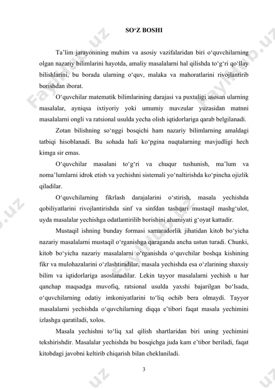 ga muvofiq, ratsional usulda yaxshi bajarilgan bo‘lsada, o‘quvchilarning odatiy imkoniyatlarini to‘liq ochib bera olmaydi. tayyor masalalarni yechishda o‘quvchilarning diqqa e’tibori faqat masala yechimini izlashga qaratiladi, xolos. masala yechishni to‘liq xal qilish shartlaridan biri uning yechimini tekshirishdir. masalalar yechishda bu bosqichga juda kam e’tibor beriladi, faqat kitobdagi javobni keltirib chiqarish bilan cheklaniladi. javobi berilmagan masalalarda - buning bilan o‘quvchilarning masala yechishdagi ijodiy fikrlash imkoniyatlarini chegaralabb qo‘ygan bo‘lamiz. masala yechimini tekshirish sistemali bo‘lmasa-da, ayrim vaqtlarda uning turli usullari bilan o‘quvchilarni tanishtirib borish, ular bilimidagi sayozlikni to‘ldiradi, masala yechishda mavjud bo‘lgan ta’limda ijodiy dushman bo‘lgan formalizmni cheklaydi, bilim sifatini oshiradi, o‘z-o‘zini nazorat qilishga yo‘llaydi. algebraik misol va masalalarni yechishda tekshirishning ba’zi usullari bilan o‘quvchilarni tanishtirilsada, geometrik mazmundagi masalalarning yechimini tekshirib ko‘rishni mutlaqo bajarolmaydi desak mubolag‘a yoki xato qilgan bo‘lamiz. kuzatish shuni ko‘rsatadiki, keyingi vaqtlarda algebraik misollar o‘rgatilib masalalar yechishga juda kam e’tibor berilmoqda, aniqrog‘ini aytgan yechtirilmaydi xam. o‘quvchilarga har xil mazmundagi tipik va …