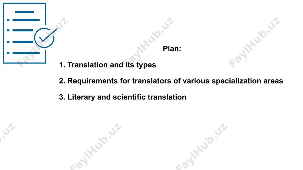 e student who study translation. summarizing the different views on foreign and uzbek translation studies, we decided to classify the aspects of the science of translation separately from the aspects, types and methods of translation. aspects of translation: writing; orally; machine aspects of translation studies: 1. history of translation 2. translation theory 3. translation criticism types of translation: badiiy; interpretive or interpretive translation; specialized. translation methods in literary and sectoral translation: adequate; equivalent; free. word-for-word. descriptive. machine translation. in interpreting: simultaneous; consecutive. sight translation. literary translation is the re-creation of the language of a literary work, the rhythm of speech, the system of characters and the author's style. literary translation is divided into poetic and prose translation. they are also divided into genres of fiction, i.e. poems, ghazals, rubais, plays, novels, short stories and so on. a) poetic translation - the re-creation in the tl of the genre stylistic features, …