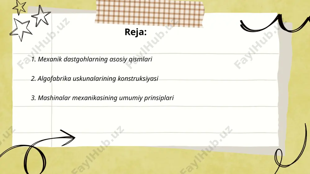 ga oladi: birinchidan, kuch va momentlar muvozanati g'ildiraklar va tishli mexanizmlar orqali uzatmani boshqarishni anglatadi. ikkinchidan, ish va quvvat talablarini qondirish uchun mexanizmlar samaradorligini optimallashtirish muhimdir. samaradorlik yuqori bo'lishi uchun energiya yo'qotishlarni kamaytirish kerak. uchinchidan, dinamik xususiyatlarni tahlil qilish harakat va tezlikni nazorat qilish uchun kerak bo'ladi. bu tamoyil mashinaning ishonchliligini oshirishga yordam beradi. shuningdek, har bir mexanizmning elementlari zichligi, massasi va hajmiga e'tibor qaratiladi, chunki bu omillar mexanik tasdiqlash va chidamlilikni ta'minlashda muhimdir. ... t.me/slaydai_bot 4. agregatlarning harakatlanish mexanizmlari agregatlarning harakatlanish mexanizmlari turli tizimlarda qo‘llaniladi, jumladan, transport, sanoat va qurilishda. ular asosan mexanik, gidravlik va elektr uzatmali bo‘lishi mumkin. mexanik uzatmalar odatda uzatmalar qutisi va vallar orqali harakatni oshiradi. gidravlik mexanizmlar suyuqlik bosimi vositasida ishlaydi va ko‘p hollarda yuqori yuklarni ko‘tarishga yordam beradi. elektr uzatmalar esa motorlar yordamida harakatni ta’minlaydi. ushbu mexanizmlar harakatni samarali, ishonchli va talabga binoan aniq tarzda ta’minlaydi. ratsionallashgan ishlatilishi texnik quvvatni oshiradi va energiya sarfini …