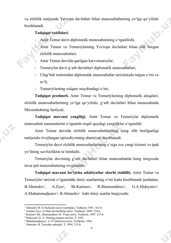 g tegishli bo‘limlarini yozishda, shuningdek, oʻzbekiston tarixi va markaziy osiyo yirik tarixiy shaxslar faoliyati tarixi bo‘yicha oliy o‘quv yurtlari va umumta'lim muassasalari uchun darsliklar va boshqa turdagi o‘quv adabiyotlari yaratishda foydalanish mumkin. kurs ishi tarkibining qisqacha tavsifi. tadqiqot ishi kirish, 2 ta bob, 4 ta paragraf, xulosa, foydalanilgan manbalar va adabiyotlar ro‘yxatidan iborat bo‘lib, tadqiqot umumiy 35 betni tashkil etadi. i bob. amir temur davlatining tashqi siyosati va diplomatiyasi 1.1. amir temur davlati diplomatik yozishmalarining davlatchilikdagi o‘rni. mavzuni tadqiq etish asnosida xiv asr oxiri va xv asrning boshlarida halqaro munosabatlar, har bir davlat rahbarining o‘ziga xos diplomatik salohiyati va strategiyasi mavjudligi, bu aloqalarda amir temur kuchli taktikalar qo‘llagani, ushbu omillar saltanatning xalqaro maydonda obro‘ qozonishiga xizmat qilganligini tushunib yetish mumkin. bu davrda amir temur turkiya bilan bilan bo‘lajak to‘qnashuvda trapezund (turkiya, hoz.trabzon sh.) va konstantinopolning harbiy kemalaridan foydalanish maqsadida genuya va venetsiyaga sovg‘a-salomlar hamda maktublar bilan elchilar yuborgan. ispaniya elchisi …