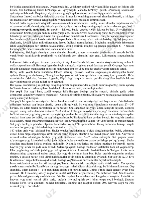 imiyaviy tarkibi eng yuqori ko‘rsatkichlar bilan ta’riflanadigan zonalarni tanlab olishga imkon berdi. bularga qozog‘iston, qirg‘iziston, turkmaniston va rossiyaning g‘arbiy sibir rayoni kiradi. 1. sutni kimyoviy tarkibi sutning asosiy tarkibiy qismlarini qisqacha ta’riflab, inson salomatligi uchun ularning qanday ahamiyati borligini ko‘rsatib beramiz. sutdagi plastik moddalar. oqsillar. so‘nggi paytlarda sutning eng qimmatli tarkibiy qismi oqsilladir,— degan aniq bir fikr paydo bo‘ldi. bu oqsillar go‘sht va baliq oqsillaridan ko‘ra foydaliroq bo‘lib, tezroq hazm bo‘ladi. oqsillarning asosiy vazifasi o‘sib kelayotgan yosh organizmlarda yangi xujayra va to‘qiimalar yaratib berish va voyaga yetgan kishilarda umrini yashab bo‘lgan xujayralar o‘rnini to‘ldirib turishdan iborat. sug oqsillari asosan, uch turdagi oqsillar: kazein, albumin va globulindan iborat. xom sutda bular erigan xolda bo‘ladi. sutdagi barcha oqsilning o‘rtacha 76- 88 foizi kazein ulushiga to‘g‘ri keladi. kazein tvorog, undan tayyorlanadigan mahsulotlar va sirlarning asosiy tarkibiy qismidir. albumin sutda kazeinga qaraganda 6 baravar kam bo‘ladi. sutda 0,1% miqdorida globulin bor, leknn u antibiotik …