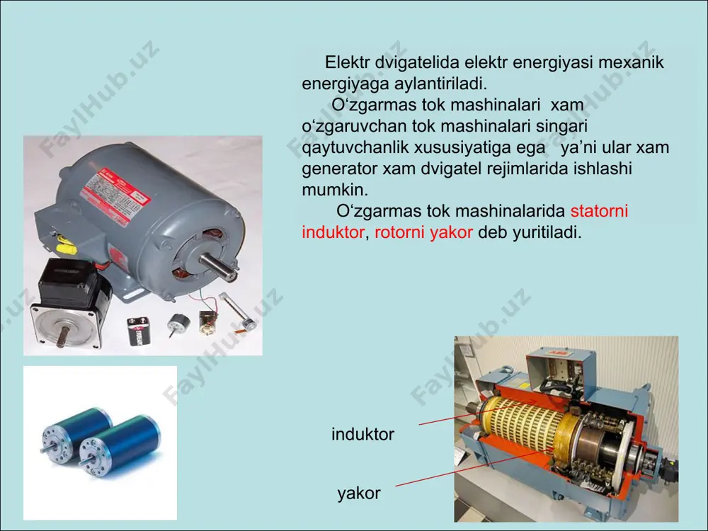 rlashib rotorni (yakorni) aylantiradi. ( o‘ng qo‘l qoidasiga ko‘ra) 7 val podshipni kollektor o‘zak yakor chulg‘ami t u kollektor va kollektor zanjiridagi tok uzgarmas tok mashinalarida kommutasiya tushunchasi o‘zgarmas tok elektr mashinalari boshqa elektr mashinalari kabi qaytuvchanlik xususiyatiga ega bo‘lib, ham generator xam dvigatel rejimlarida ishlay oladi. shuning uchun dvigatelning tuzilishi o‘zgarmas tok generatorining tuzilishidan farq qilmaydi. generatorga o‘xshab dvigatellar ham uyg‘otish chulg‘amining yakorga ulanish sxemasi buyicha farqlanadi. o‘zgarmas tok dvigatellari aylanish tezligining keng doirada boshqarilishi va maxsus mexanik xarakteristikalarni olish mumkinligi tufayli keng qo‘llanadi. yagona p seriyali o‘zgarmas tok dvigatellarining quvvati 0,2 dan 6800 kvt gacha bo‘lib, aylanish tezligi 24 ayl/min dan 3000 ayl/min gacha bo‘lgan diapazonni tashkil etadi. kemalarda, samoletlarda, avtotransport va boshka kurilmalarda minglab turdagi uzgarmas tok dvigatellari ishlatiladi 9 dvigatelь o‘zgarmas tok dvigatellarining ishlatilishi elektromobillar qadamli (shaloviy) dvigatellar asosiy xususiyatlari: yuqori dinamik xarakteristikaga ega, rotorning inersiyasi juda kichik. aylanish tezligining rostlanishi o‘zgarmas tok dvigatellari asosiy afzalliklaridan …