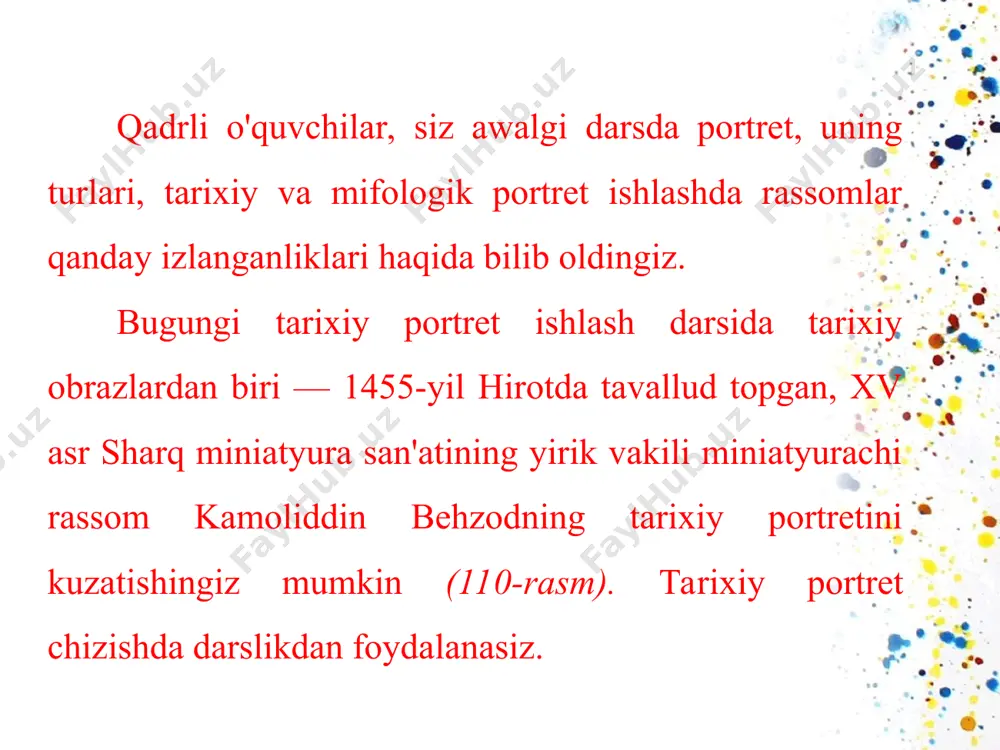 asalan, dev, ajdar, suv parisi, qor malikasi kabilar shular jumlasidandir. mifologik mavzularda yaratilgan asarlar asosan rangtasvir va haykaltaroshlikda ishlanadi. 111-rasm. shomahmud muhammadjonov. "jang" lokli miniatyura 113-rasm. valentin lugovsky. “afsonaviy dev” 114-rasm. anatoliy bobrov. "semurg’ " "alpomish", "go'r o'g'li" kabi dostonlardagi, shuningdek, alovuddinning sehrli chirog'i, semurg', bunyod va parizod kabi asar qahramonlari afsonaviy mifologik obrazlar hisoblanadi. rassomlar tomonidan ishlangan mifologik portretlarni kuzating. 29-amaliy mashg'ulot rassom v. kaydalov tomonidan ishlangan "alpomish" mifologik portretini o'ziga qarab ishlash v. kaydalovning ishlagan mifologik portretini kuzating. portret chizish qoidalariga rioya qilgan holda portretni o'ziga qarab chizing. inson bosh tasvirini chizishda, biroz yon tomonga burilgan yuzni chizish uchun quyidagi chizish sxemalaridan qaysi biri mos kelishini o'rganing.