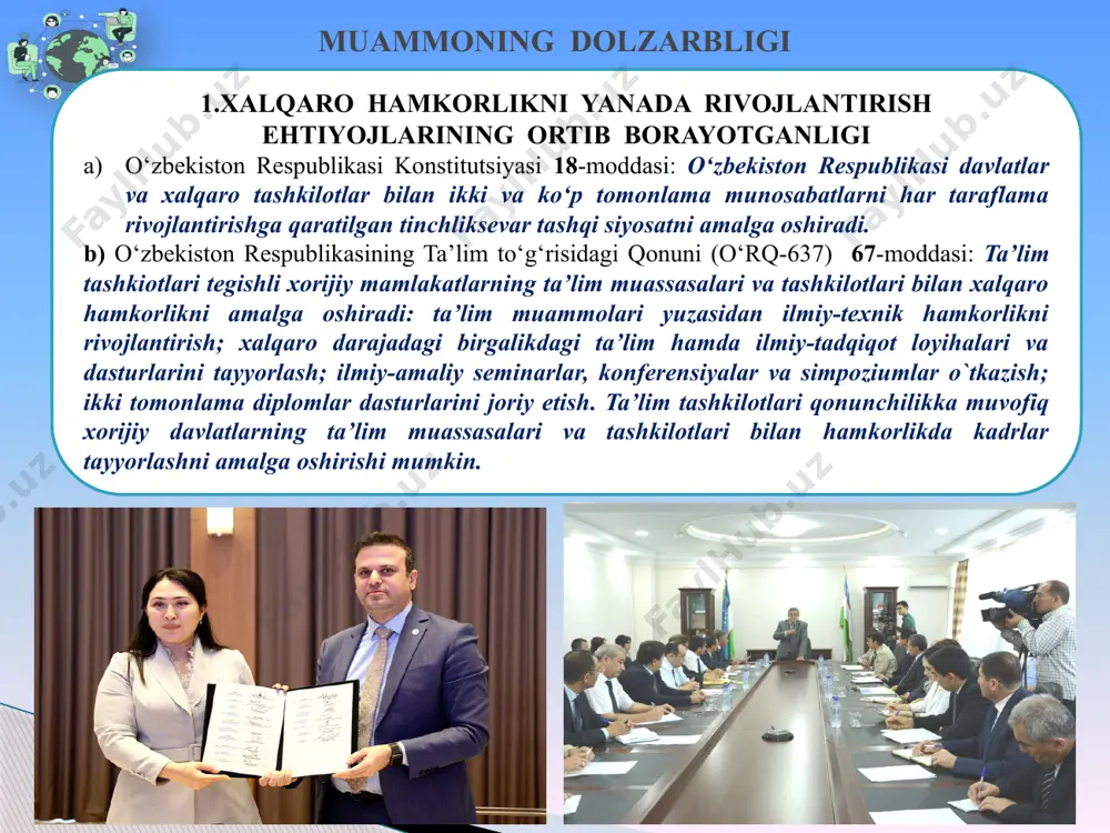amalga oshirishi mumkin. muammoning dolzarbligi 3. o`quvchilarni xalqaro maydonda raqobatbardoshligini oshirish a) o‘zbekiston respublikasi prezidentining 2024-yil 2-fevraldagi “umimiy o‘rta ta`lim muassasalari o‘quvchilarini xorijiy til va zamonaviy kasblarga o‘qitish bo‘yicha qo‘shimcha chora-tadbirlar to‘g‘risida”gi pq-53-son qarori. 4-bandi: - mahalliy va xorijiy ekspertlarni jalb qilgan holda xorijiy til fani bo‘yicha o‘quv reja va dasturlarni takomillashtirsin. bunda, o‘quvchilar tomonidan 11-sinfda ikkinchi xorijiy tilning kamida a2 darajada o‘zlashtirilishini nazarda tutsin; umumiy o‘rta ta’lim muassasalarining xorijiy til o‘qituvchilari bilim va ko‘nikmalarini diagnostikadan o‘tkazsin hamda zamonaviy ta’lim metodikalar asosida ularning malakasini oshirish bo‘yicha qisqa muddatli o‘quv kurslarini tashkil etsin. b) o‘zbekiston respublikasi prezidentining 2024-yil 2-fevraldagi pq-54-son qaroriga 2-ilova: ta’lim sohasini takomillashtirishning ustuvor yo‘nalishlarini amalga oshirish bo‘yicha “yo‘l xaritasi” 5-bandi - umumiy o‘rta ta’lim muassasalarida o‘quvchilarning o‘z hayot yo‘llarini tanlashiga ko‘maklashuvchi tizim yaratish. mavzuga oid adabiyotlar tahlili 1 "international education: an encyclopedia of contemporary issues and systems" (xalqaro ta’lim: zamonaviy masalalar va tizimlar ensiklopediyasi) daniel ness va chia-ling …