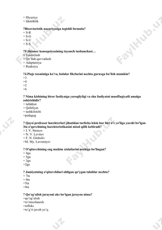 qituvchilari oldigan qo'ygan talablar nechta? + 7ta = 6ta =5ta =4ta ? qo‘zg‘alish jarayoni aks bo‘lgan jarayon nima? =qo‘zg‘alish +to‘rmozlanosh =refleks =to’g’ri javob yo’q ? psixologiya taroqqiyoti nechta turda organiladi =3ta =4 ta +1ta =20 ta ? shartli tormozlanish necha turga bo‘linadi? +3ta =2ta =6ta =10ta ? kishilarning nazarida psixik hodisa fzialogik hodisaning yuzi ekanini aytadi =kulollar +mexaniklar =sartaroshlar =muhandislar ? shartli tomozlanishning yana bir nomi nima? +ichki =tashqi =elipit =javob yo’q ? test so‘zining manosi nima? +inglizcha sinash tekshirish =lotincha sinov =inglizcha topshiriq =xitoycha salomlashish ? qaysi asarda organizimning tuzilishi,undagi nervlar va nerv yoʻllari,fizalogik jarayonlar bilan bogʻliq psexik jarayonlar haqida ancha muhim maʼlumotlar bor? = hikmat maʼnolari +tip qonunlari = shartlardan =miniralogiya ? neyropsixalogiya fanining asoschisi kim? +ibn sino = farobiy =jomiy =a navoiy ? nechinchi asrdan boshlab bolalar psixologiyasi boʻyicha muayyan tartibga yo’nalishga va uslubda ega boʻlgan ilmiy fikrlar vujudga kelgan? =xvi +xvii =xv =xxi ? peterburgdan maskvaga …