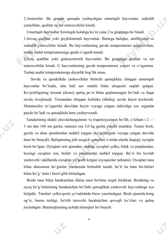 aqlab qolgan. тerisi suv va gazni o’tkazib turadi. ayirish organi bo’lib tana mezonefritik buyrak va teri xizmat qiladi. тana harorati tashqi muhit haroratiga bogliq (sovuqqonli—poykilotyerm). aksariyat ko`pchilik turlarining tuxumlari faqat suvda rivojlanadi. hayot davomida ular o`z boshidan metamorfoz davrini o’tkazadi, ya’ni itbaliqdan quruqlikda yashaydigan holga aylanadi. buning natijasida jabra yo`qolib, uning o`rniga o`pka hosil bo`ladi, oyoqlar rivojlanadi. amfibiyalar sistematikasi. hozirgi amfibiyalarning 2500 ga yaqin turlari bo’lib, ular uchta turkumga bo’linadi: dumlilar (caudata), oyoqsizlar (apoda) va dumsizlar (ecaudata). dumlilar turkumi — caudata. bu turkum 280 ga yaqin hozir yashab turgan turlarni o’z ichiga oladi. boshi bilinar-bilinmas tanaga o’tib ketadi, doimo yaxshi rivojlangan dumi bo’ladi. oldingi va keyingi oyoqlari bir xil rivojlangan, ba’zilarida (sirenlarda) keyingi oyoq reduksiyalangan. тana va dumini gorizontal tekislikda egab suvda suzadi yoki yerda o’rmalaydi. ko’pchiligi suvda yashaydi. bular asosan shimoliy yarimsharda tarqalgan. dumlilar turkumi beshta kenja turkumga bo’linadi. 1) yashirinjabrapilar kenja turkumi hozirgi dumli amfibiyalarning eng soddasidir. bularning …