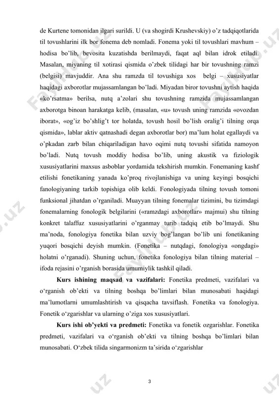 i, nutq jarayonida sodir bo‘ladigan turli xil fonetik hodisalar, nutqning fonetik bo‘linishi, tovushlarining kommunikativ roli hamda prosodika kabi hodisalar o‘rganiladi. demak, fonetika – (gr. phone - tovush) tilning keng ma’noda tovush tuzilishini o’rganuvchi tilshunoslikning bo’limi. u tovushlar bilan bog’liq bo’lgan har qanday hodisalarni tekshiradi. shu sababli unga tilning faqat tovush tizimini tekshiruvchi bo’lim sifatida qarash noto’g’ri. har bir til o’z fonetikasiga ega. u shu tildagi tovushlarning hosil bo’lishi va talaffuzining o’ziga xos xususiyatlarini, uning tasnifi bilan bog’liq masalalarni o’rganadi, talaffuz va yozuv munosabatlarini hamda urg’u va bo’g’in xususiyatlarini tekshiradi. fonetika tilning tovushlar sistemasi va shu tovushlar bilan bog‘liq bo‘lgan har qanday hodisalarni o‘rganar ekan, u tilning barcha sathlari bilan, ayniqsa, leksika va grammatika bilan bog‘lanadi. fonetika tovushlarning almashinishi va o‘zgarishi, adabiy talaffuz me’yorlari, to‘g‘ri talaffuz qilish qoidalari, bo’g’in va urg‘u, uning turlari kabi muammolarni ham o‘rganadi. demak, fonetika haqida zaruriy ma’lumotga ega bo‘lmay turib, to‘g‘ri talaffuz qilish bilan aloqador bo‘lgan …