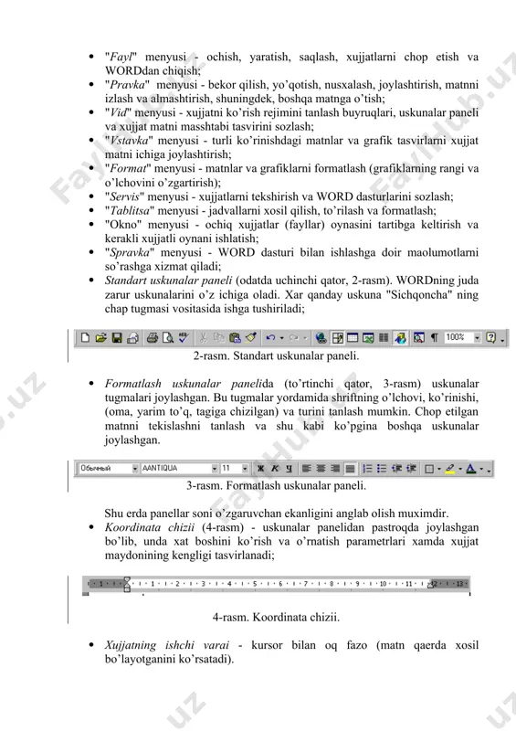 lar joylashgan. 3-rasm. formatlash uskunalar paneli. shu erda panellar soni o’zgaruvchan ekanligini anglab olish muximdir. · koordinata chizii (4-rasm) - uskunalar panelidan pastroqda joylashgan bo’lib, unda xat boshini ko’rish va o’rnatish parametrlari xamda xujjat maydonining kengligi tasvirlanadi; 4-rasm. koordinata chizii. · xujjatning ishchi varai - kursor bilan oq fazo (matn qaerda xosil bo’layotganini ko’rsatadi). · xolatlar paneli - ekranning eng pastki satri (5-rasm) - kursor matnning qaerida turganligi xaqida axborotni beradi (qaysi betda, xujjatda qancha bet bor va xokazo). 5-rasm. xolat panelining ko’rinishi. bundan tashqari muayyan bir menyuni chaqirganda, aynan shu menyu nima ish bajarishini xam ushbu panel ko’rsatib turadi. ishchi o’rinda vertikal aylanuvchi yo’l (xujjatning o’ng tomoni) va gorizontal aylanuvchi yo’l (xolatlar qatori ustida) bor. ular xujjatlar ustida xarakatlanishni amalga oshiradi. xar bir yo’lda kursor bo’lib gorizontal yo’lda yo’lda kursor bo’ylab, uning vazifasi gorizontal yulda o’ngdan chapga, vertkal yo’l bo’ylab esa pastdan yuqoriga yo’naltirlgan xarakatni taominlash kiradi shuningdek u …