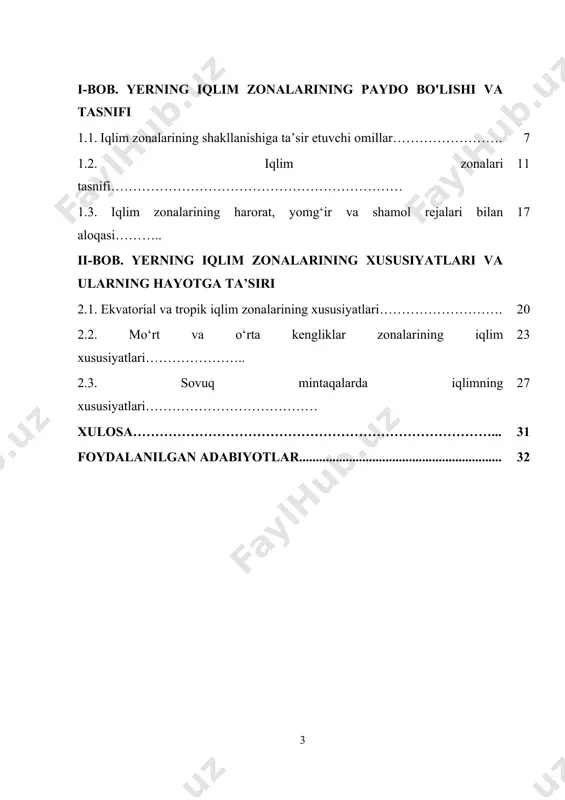 rmush tarziga bevosita ta’sir qiladi. global iqlim o‘zgarishlari natijasida ayrim iqlim zonalarida qurg‘oqchilik, sel, qor ko‘chishi, issiqlik to‘lqinlari kabi tabiiy ofatlar tez-tez yuz bermoqda. bu esa iqlim zonalarining o‘zgarishiga olib kelmoqda va iqlim sharoitlarining o‘zgargan hududlarda iqtisodiy va ekologik salbiy oqibatlarga sabab bo‘lmoqda. yerning iqlim zonalarining o‘ziga xos xususiyatlari va taqsimoti o‘simlik va hayvonot dunyosining rivojlanishiga, odamlarning hayoti va turmush tarziga to‘g‘ridan-to‘g‘ri ta’sir ko‘rsatadi. har bir iqlim zonasining o‘ziga xos iqlim, harorat, yog‘ingarchilik, havo harorati o‘zgarishlari, shamol oqimlari kabi ko‘rsatkichlari mavjud bo‘lib, ular orqali mintaqalarda yashovchi jonzotlar va odamlarning o‘zgaruvchan tabiiy sharoitlarga moslashishi ta’minlanadi. bu faktorlar ekologik tizimlarning barqarorligini va tabiiy resurslar taqsimotini shakllantiradi. xususan, tropik, ekvatorial, o‘rta kengliklar va sovuq mintaqalarda yuzaga keladigan iqlim sharoitlari farq qiladi va har bir zona o‘ziga xos ekologik xususiyatlar bilan ajralib turadi. misol uchun, ekvatorial mintaqalarda o‘simliklar va hayvonlar to‘liq o‘zgarishsiz yashashga moslashgan bo‘lsa, tropik zonalarda o‘simliklar va hayvonot olami issiq va nam …