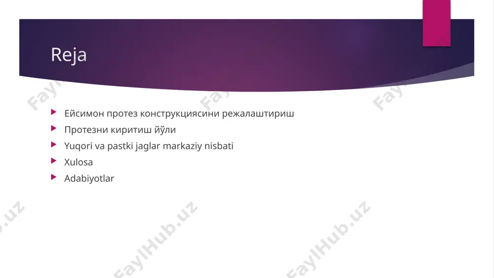 кклюзия холатида жипслаш мумкин эмас учинчи гурухни, тишлар мавжуд бўлган, аммо бирорта ҳамантагонист тишлар жуфтлиги бўлмаган (фиксацияланмаган альвеоляраро баландлик) жаглар ташкил қилади. туртинчи гуруҳни тишлари тушиб кетган жаглар ташкил этади. шундай килиб, ушбу клиник боскични амалга оширишда ги кийинчиликлар ҳар бир кейинги гуруҳда ортиб боради. анта гонистлар сакланиб колган биринчи икки гуруҳда факат марка зий окклюзияни аниклаш керак бўлса, учинчи ва тўртинчи гу руҳларда, бундан ташкари, альвеоляраро баландликни хам аник лаш керак. пастки жагнинг марказий холатини аниқлашдатишлараро нисбатларнинг уч тури: марказий окклюзияда моделларни жипслаш учун етарлича a - тишлар сони мавжуд: б антагонистлар сакланиб колинган. аммо улар шундай жойлашганки, марказий окклюзия холатида моделни жипслаш имкони йук, а - колган тишлар антагонистларга эга эмас. yuqori va pastki jaglar markaziy nisbati охирги учта гурухга кирувчи тиш каторларида жағларнинг марказий нисбатларини аниклаш учун прикус (окклюзион) бо лишли мумли асосларни тайёрлаш керак. болишчалар деформация ланмаслиги ва барқарор бўлиши учун уларни мумнинг қаттиқ турларидан ёки …
