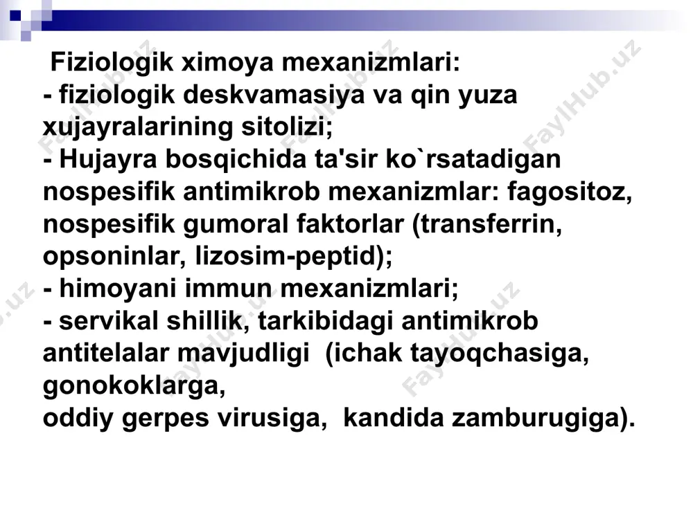 mahal 14 kun eritromisin 500 mg x 4 mahal 7 kun lomefloksrsin 0,6 x 1 mahal 7 kun sulfanilamidlar- lidaprim- 2t x 2 mahal, trimetoprim 2 t x2 mahal, biseptol-forte (960) 1t x 2 mahal 5-7 kun rifampisin 1-chi kun 900 mg 2, 3 kun 150 mg x 4 mahal kuniga(600) 4, 5 kun 150 mg x 3 mahal kuniga(450) interferon preparatlari va interferonogenlar alfa 2- interferon-viferon suppozitoriy 1 sup x 2 mahal per rektum 10 kun, keyinchalik 1 sup x 1 mahal kun ora №10 sikloferon m/i sxema bo`yicha timalin t-aktivin dekaris mit buzilishlarini korreksiyalash vobenzim 5 dr x 3 mahal -2 oy mezim-forte 1t x 3 mahal– 15 kun smekta 1por x 3 mahal – 15 kun bifidumbakterin 5 doz x 3 mahal -3 hafta xilak-forte 40 kap x 3 mahal – 3 hafta herpesviridae oilasi oddiy gerpes - herpes simplex vetryanaya ospa - herpes zoster sitomegalovirus - …