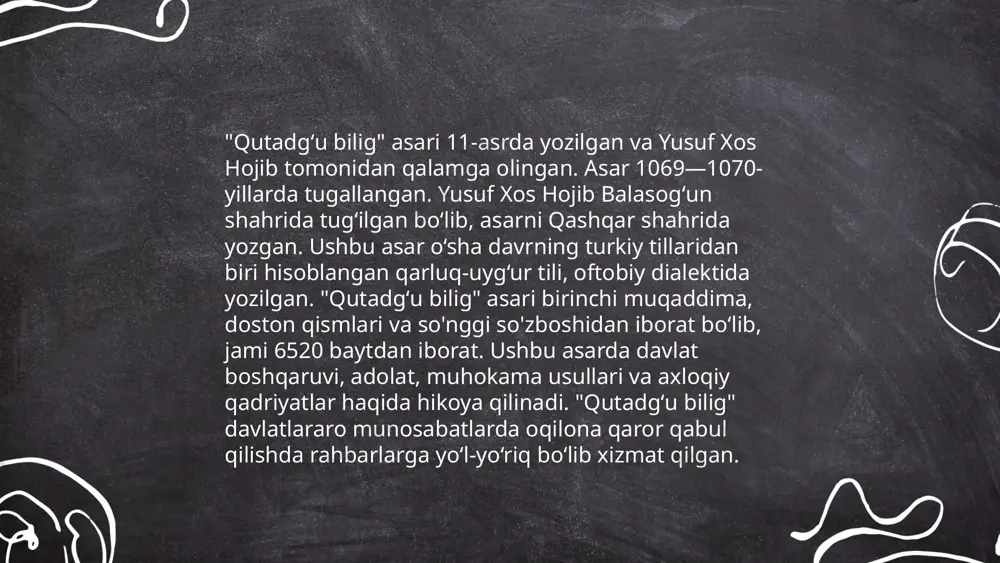 ini anglatadi. ushbu tushuncha ko‘p jihatdan subyektiv bo‘lib, har bir shaxs uchun turlicha ma'no kasb etishi mumkin. baxtning asosi odatda insonning o‘z oldiga qo‘ygan maqsadlariga erishishi, muhabbat, do‘stlik, sog‘liq, va ma'naviy rivojlanish bilan bog‘liq bo‘ladi. saodat esa ko‘proq ichki tinchlik va barqarorlik holatini ifodalaydi. jamiyatda baxt indeksi kabi o‘lchovlar mavjud bo‘lib, davlatlar o‘z fuqarolarining baxtini baholash uchun foydalanadi. ushbu o‘lchovlar odatda iqtisodiy farovonlik, ijtimoiy ko‘mak va erkinlik darajasi kabi omillarni o‘z ichiga oladi. ... t.me/slaydai_bot 10. "qutadgʻu bilig"da xalq hikmatlari "qutadg'u bilig" — bu o'rta asr turkiy adabiyotining mashhur asari bo'lib, uni yusuf xos hojib 1069-1070 yillarda yozgan. asar jamiyat, axloq va davlat boshqaruvi masalalariga bag'ishlangan. "qutadg'u bilig" doston shaklida yozilgan bo'lib, 6520 baytdan iborat. unda xalq hikmatlari, maqollar va turli pand-nasihatlar juda ko'p uchraydi. asarda to'rt asosiy qahramon orqali adolat, saodat, aqida va qanoat kabi muhim tushunchalar tasvirlangan. "qutadg'u bilig" türk xalqlarining ilk adabiy meroslaridan biri bo'lib, hozirgi kunda …