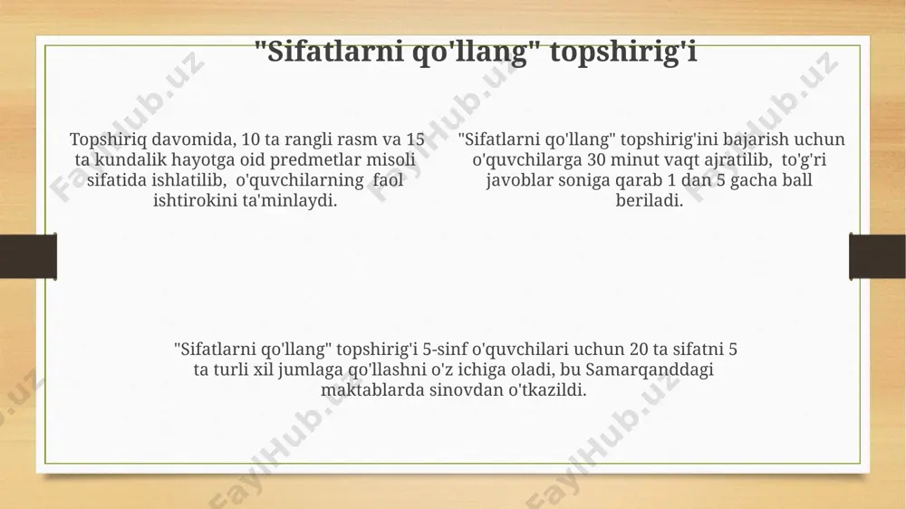 nglari, o'lchamlari va shakllarini ifodalovchi sifatlarni aniqlashlari mumkin. guruhda ishlash orqali sifatlarni o'rganish o'quvchilar 3 ta turli xil matndan kamida 15 ta sifatni ajratib olib, ularning sintaktik vazifalarini aniqlash va jumlada qanday ishlatilishini misollar bilan tushuntirishlari kerak. guruhda 5 kishidan iborat 3 ta guruh tuzib, har bir guruhga toshkent, samarqand va buxoroning tabiiy go'zalliklarini tasvirlovchi 10 ta sifatni topish vazifasi beriladi. har bir guruh a'zolari o'rtasida 20 minut davomida sifatlarni aniqlash va ularning ma'nolarini tushuntirish bo'yicha muhokama olib boriladi, keyin esa natijalar umumlashtiriladi. sifatlarni mustahkamlash uchun testlar va topshiriqlar farg'ona viloyatidagi 25 ta maktabda sifatlarga oid 15 ta turli xil interaktiv o'yinlar qo'llanilib, o'quvchilarning lug'aviy boyligini 20% ga oshirishga erishildi. toshkentdagi maktablarda o'tkazilgan so'rov natijalariga ko'ra, 70% o'quvchilar sifatlarni aniqlashda qiyinchiliklarga duch kelishadi, shuning uchun amaliy topshiriqlar sonini 3 barobar oshirish tavsiya etiladi. sifatlarni mustahkamlash uchun 5 ta variantdan iborat testlarni samarqanddagi 100 nafar o'quvchi ustida sinab ko'rish orqali ularning …