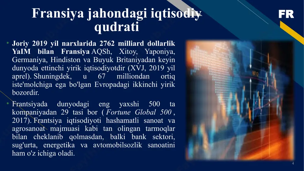 ropaning ikkinchi mamlakati) va dinamik demografiya frantsiya iqtisodiyotiga to'g'ridan-to'g'ri investitsiyalarni jalb qilishning asosiy to'siqlari quyidagilardir: 12 dunyodagi eng yuqori korporativ soliq stavkalaridan biri ish haqining yuqori narxi soliq va ish rejimlarining og'irligi yuqori ishsizlik darajasi (2021 yilda 7,9%, insee), ayniqsa yoshlar va keksa ishchilarga ta'sir qiladi tengsizliklarning kuchayishi yuqori davlat xarajatlari allaqachon katta davlat qarzini kuchaytirmoqda (2021 yilda yaimning 112,3%, xvf) eksport yoki innovatsiyalarga sarmoya kirituvchi kichik va o'rta korxonalarning past darajasi 13 investitsiya siyosatining asosiy maqsadi investitsiya siyosatining asosiy maqsadi investitsiya muhitini yaxshilashdan iborat bo‘lib, bu investitsiyalar hajmining o‘sishiga yordam beradi. ya’ni, davlat investitsiya siyosatining asosiy yo‘nalishi investitsiya loyihalarini byudjet mablag‘lari hisobidan to‘g‘ridan-to‘g‘ri moliyalashtirish emas, balki xususiy va xorijiy investorlarning investitsiya loyihalariga mablag‘lar kelib tushishi uchun shunday shart-sharoitlarni yaratishdan iborat. shuningdek, korxonalar rahbariyati va aholining yangi loyihalarga sarmoya kiritishi uchun sharoit yaratish zarur. fr 14 ushbu maqsadlarga erishishga quyidagi yo'nalishlar bo'yicha chora-tadbirlarni amalga oshirish yordam beradi: fr - soliq …