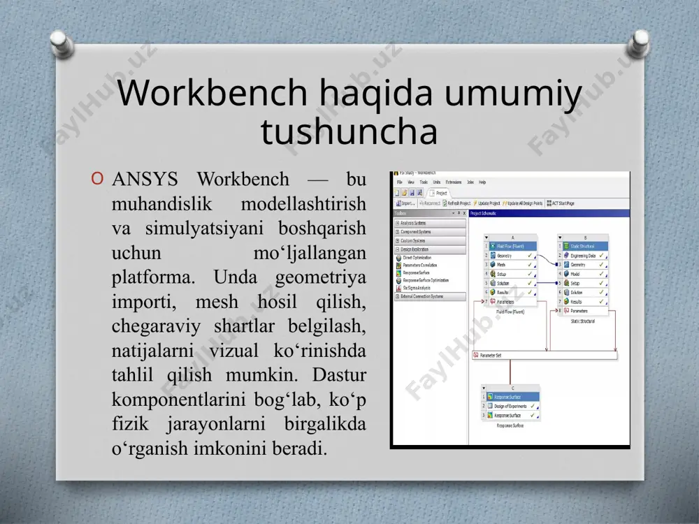 ting. o‘ng tugma → import geometry (faylni tanlash) ni bosing. step, iges, parasolid, catia yoki boshqa cad formatlarini qo‘llab-quvvatlaydi. fayl yuklangandan so‘ng u project schematic’da geometry sifatida ko‘rinadi. geometriyani tayyorlash geometry modulini oching (designmodeler yoki spaceclaim’da). ortiqcha elementlarni olib tashlang, yuzalarni tozalang. simmetriya, soddalashtirish (simplification), birlashtirish (merge) kabi amallarni bajaring. yakuniy tayyorlangan geometriya keyingi bosqich – model moduliga uzatiladi. materiallarni belgilash engineering data orqali material tanlash project schematic’da engineering data modulini oching. kutubxonada mavjud bo‘lgan materiallardan (masalan: steel, aluminum, copper) birini tanlab belgilang. ushbu material keyingi geometry/model bosqichlarida detalga qo‘llanadi. yangi material qo‘shish engineering data oynasida add material tugmasini bosing. materialga nom bering (masalan, “custom alloy”).kerakli xossalarni qo‘shing: zichlik (density), young moduli (elasticity), poisson koeffitsienti, issiqlik o‘tkazuvchanlik va hokazo. yangi materialni saqlab, undan modelda foydalanish mumkin. to‘r (mesh) yaratish project schematic’da model modulini ochib, chap paneldagi mesh bo‘limini tanlang. to‘r (mesh) – geometriyani mayda elementlarga bo‘lib, hisoblashni aniqroq qilish imkonini …