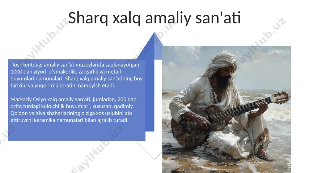 endlari bilan uyg'unlashgan yangi uslublar paydo bo'ldi, masalan, hip-hop va pop musiqasi samarqand va toshkent kabi shaharlarda keng tarqaldi. tojikistonning duşanbe shahrida joylashgan "orzu" guruhi 2000-yillarning boshlarida 5 ta studiyaviy albomini chiqarib, zamonaviy rok va etno musiqasining noyob aralashmasini yaratdi, bu esa ularni mintaqada mashhur qildi. an'anaviy sharq cholg'ulari "an'anaviy sharq cholg'ulari" orasida 12 torli dutor, asosan buxoro va samarqand viloyatlarida 15-asrda keng tarqalgan, qo'shiqchilik va instrumental musiqada muhim o'rin egallagan. markaziy osiyo mamlakatlarida, jumladan, o'zbekistonda 3 asrdan ortiq davr mobaynida qo'llanib kelinayotgan nay, 7 ta teshikka ega bo'lib, turli xil musiqiy janrlarni ijro etishda ishlatiladi. sharq zargarlik san'ati sharq zargarlik san'atining noyob xususiyati – 10 dan ortiq turdagi metallarning qotishmalari va maxsus texnologiyalar yordamida yaratilgan murakkab naqshlar va bezaklardir, bu esa buyumlarga noyob ko'rinish beradi. sharq zargarlik san'atida, ayniqsa, 15-18 asrlarda buxoro va samarqand shaharlarida kumushdan yasalgan nafis bezaklar, turli geometrik va o'simlik naqshlari bilan bezatilgan zargarlik buyumlari keng …