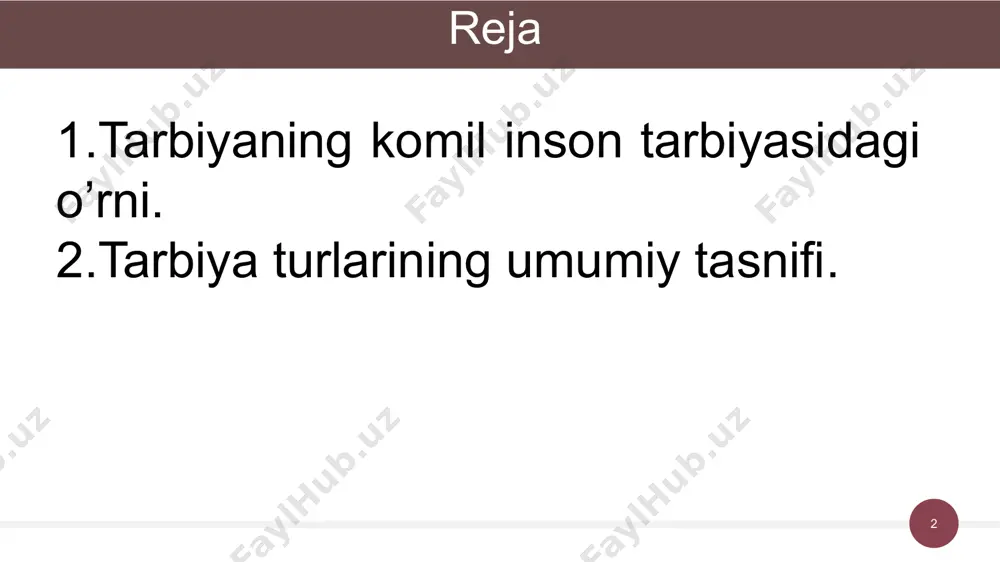 ani tarixidan g‘ururlanishi, buguni to'g'risida qayg‘urishi hamda uning porloq istiqboliga bo'lgan ishonchini ifoda etuvchi yuksak insoniy fazilat sanaladi. baynalminallik («inter» - orasida, o‘rtasida, «natio» - xalq) o‘zga millat va elatlarning haq-huquqlari, erki, urf-odatlari, an’analari, turmush tarzi, tili hamda vijdon erkinligini hurmat qilish, ularning manfaatlariga ziyon yetkazmaslikni ifoda etuvchi shaxsga xos ma’naviy-axloqiy fazilatlardan biridir. ‹#› axloq - ma’naviyatning tarkibiy qismi sifatida shaxs kamolotining yuqori bosqichi sanaladi. zero, axloq, axloqiy me’yorlarsiz shaxsning ruhiy va jismonan yetukligining mezoni bo‘lgan ma’naviy kamolotga erishib bo‘lmaydi. axloq (arabcha - xulq-atvor ma'nosini bildiradi) ijtimoiy ong shakllaridan biri bo‘lib, ijtimoiy munosabatlar hamda shaxs xatti-harakatini tartibga soladigan qonun-qoidalar majmuidir. axloq - shaxs yoki guruh faoliyatini baholash orqali jamiyatdagi munosabatlarni boshqarish mexanizmi. axloq shunchaki munosabatlarni tartibga keltirish uchungina emas, balki ularni uyg‘imlashtirish uchun ham zarur. munosabatlarni boshqarish ikki xil usul bilan amalga oshiriladi: xulq-atvorni rag‘batlantirish va jazolash. axloq jamiyatdagi munosabatlarni tartibga soladi va ijtimoiy rivojlanish ehtiyojlari ifodalanadigan maqsadlarni ilgari suradi. …
