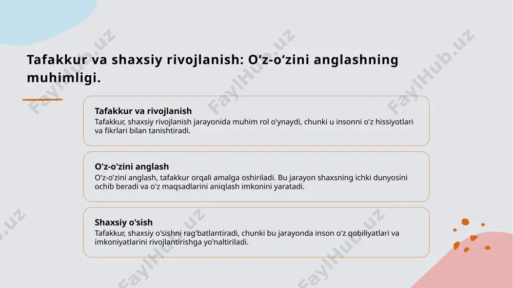 haxsiy rivojlanish: tafakkurning ahamiyati va ta'siri. 1 tafakkur va o'z-o'zini anglash tafakkur, o'z-o'zini anglash jarayonida muhim ahamiyatga ega. u, shaxsiy tajribalarimizni tahlil qilish va o'zimizni yanada chuqurroq tushunishimizga imkon beradi. 2 o'z-o'zini rivojlantirish tafakkur, o'z-o'zini rivojlantirishda asosiy vosita sifatida xizmat qiladi. u shaxsiy maqsadlarimizga erishish va potentsialimizni ochishga yordam beradi. 3 ruhiy barqarorlik tafakkur, ruhiy barqarorlikni saqlashda muhim rol o'ynaydi. u stressni kamaytirish va hayotdagi muammolarni yengish uchun zarur bo'lgan ichki tinchlikni ta'minlaydi. mindfulness: hozirgi zamon sharoitida o'z-o'zini anglash. hozirgi zamon tafakkuri hozirgi zamonda tafakkur, stress va tashvishlarni kamaytirishga yordam beradigan muhim bir vosita sifatida ko'riladi. bu fikrlarni tartibga solish imkonini beradi. o'z-o'zini anglash mindfulness, o'z-o'zini anglash jarayonida muhim rol o'ynaydi. bu, insonning o'z his-tuyg'ulari va fikrlariga e'tibor berish imkonini yaratadi. ruhiy salomatlik mindfulness amaliyotlari, ruhiy salomatlikni yaxshilashga yordam beradi. bu holat, stressni boshqarish va ichki tinchlikni topishda juda foydali. o'z-o'zini rivojlantirish: tafakkur va ruhiy salomatlik o'rtasidagi bog'lanish. 1 tafakkur …