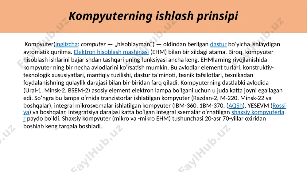 masalalarni yechishda foydalaniladigan komponentlar (tarkibiy qismlar) tarkibi va tavsifi jihatdan bir-biridan farq qiladi. murakkab masalalarni yechishda kuchli qurilmalar urnatilgan kompyuterdan, qujjatlarni bosishda harf bosish qurilmasi boʻlgan kompyuterdan foydalaniladi. istalgan kompyuter tizimlar bloki, monitor va klaviaturadan iborat boʻladi. kompyuterning ishlash prinsipi kerak boʻlganda boʻlardan tashqari boshqa qurilmalar ham ulanadi. tizimlar bloki da kompyuterning ishlashi uchun zarur muhim qismlar (diskni yuritkich, vinchester — qattiq disk, mantiqiy amallarni bajaruvchi mikrosxemalar) boʻlib, unga qolgan qurilmalar ulanadi. monitor (displey) matn va turli tasvir kurinishidagi axborotlarni ekranda aks ettiradi. klaviatura kompyuterga buyruq va turli axborotlarni kiritadi. koʻpincha, kompyuter tarkibiga kompyuterning ishlash prinsipi sichqon“ manipulyatori va printer kiritiladi. „sichqon“ ikki yoki uchta knopkasi (tugmasi) boʻlgan qurilma boʻlib, uning yordamida kompyuter ishini osonlashtiradi. printer esa axborotlarni qogʻozga tushirish uchun xizmat qiladi. zamonaviy kompyuterlar, asosan, toʻrt qurilma: boshqarish, protsessor, xotira va kiritish-chiqarish qurilmalaridan iborat. boshqarish qurilmasi kompyuterning barcha qurilmalari ishini muvofiklashtiradi va boshqaradi. protsessor kompyuterning asosiy qurilmasi boʻlib, axborotlarga …