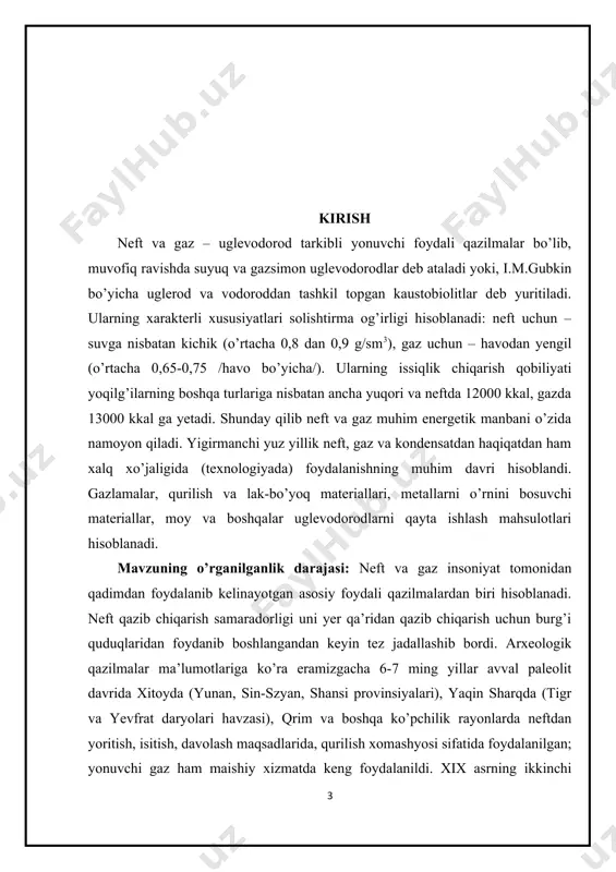 h bilan alohida miqdoriy bashoratlashni ta’minlaydigan evolyutsion- katagenetik modeli ishlab chiqildi. unga muvofiq navbati bilan kursning muhim nazariy holatlari ko’rib chiqiladi: uglevodorodlarni hosil bo’lishi, uyumlarni shakllanishi va joylashish qonuniyatlari, neftgazlilik istiqbollarini baholash va konlarni izlashning asosiy yo’nalishlarini asoslash, neftgazgeologik rayonlashtirish, izlov-qidiruv ishlarining oqilona ketma-ketligi samaradorligini oshirish yo’llari hamda ularni neft va gaz resurslarini o’zlashtirishning yuqori rentabelligini belgilaydigan joylashtirish sistemalarini ratsional ekologik ta’minlash. kurs ishining predmeti: neft va gazga geologik-qidiruv ishlarini tayyorlash va bajarish jarayonida yo’riqnoma sifatida bozor iqtisodiyoti sharoitlarida davlatning yoqilg’i-energetika kompleksini rivojlantirish to’g’risidagi zamonaviy geologik va ekologik fanlarining asosiy holatlaridan foydalanish lozim. neftgaz mutaxassisligining geologik-qidiruv ishlari konlarni izlash va qidirishni to’liq ekologik ta’minlagan holda yuqori iqtisodiy samaradorlik bilan amalga oshirilishi lozim. bunda izlash- qidirish jarayonida, ishlarning turi va hajmlarini ketma-ketligi va amalga oshirish rejimlarida, ularni minimal xarajatlar bilan bajarish muddatlarida optimal sharoitlar saqlanishi kerak. geologik-qidiruv ishlariga sarflangan ahamiyatli xarajatlarni o’z vaqtida qoplash maksimal neftgaz potensialiga ega bo’lgan regionlar va …
