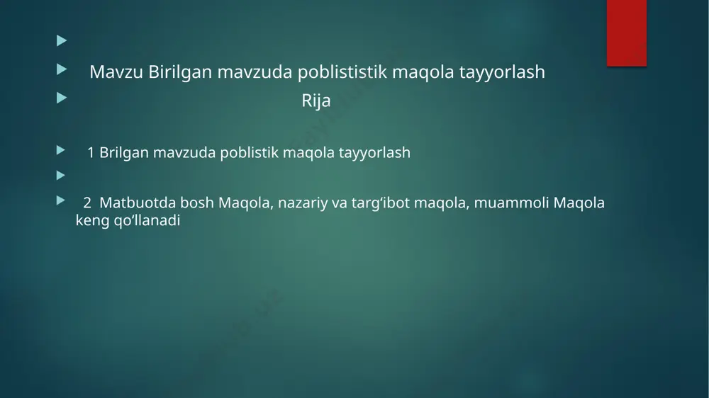 shqa oʻz maqolalari bilan ishtirok etishgan. hozirgi ommaviy vositalarida maqolaning hamma turlarida materiallar berib boriladi.maqola bu dolzarb mavzularni yorituvchi nashrdir. maqola istilohi keng maʼnoda gazeta, jurnal, radio, televideniya, shuningdek, toʻplamlardagi ilmiy asarlarga nisbatan ham qoʻllanadi. maqolalar uch tarkibiy qismdan iborat boʻladi: 1. kirish — bunda tanlangan mavzuning dolzarbligi belgilanadi. 2. asosiy qism — muallif tomonidan rejalangan fikr, muammo yoki yangilik bayon qilindi. 3. xulosa — mavzu yuzasidan muallifning xulosalari, tavsiyalari berilad maqolalar ilmiy yoki publitsistik uslubda, adabiy til meʼyorlariga toʻliq amal qilingan holatda yoziladi. maqola yozishda maqolaning mavzusini belgilash va unga sarlavha tanlash ham muhim ahamiyat kasb etadi. maqolaning sarlavhasi qisqa, lekin eʼtiborni jalb qiladigan va, albatta, maqolaning bosh mavzusini yoritib beradigan bo'lishi lozim. maqola bundan tashqari, maqolalarda muallif haqida qisqacha maʼlumot va foydalanilgan adabiyotlar roʻyxati koʻrsatiladi.[1 image2.png image3.png image4.png image5.png /docprops/thumbnail.jpeg