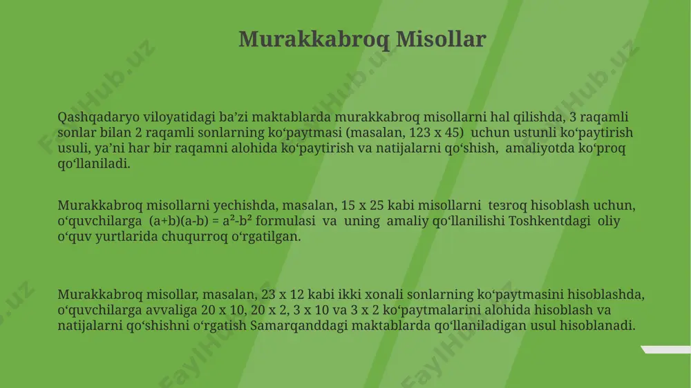 , (x+2)³ ni kengaytirib, x³ + 6x² + 12x + 8 ni olamiz. bu toshkentdagi oliy o‘quv yurtlarida algebra fanidan o‘rgatiladi. kubning formulasi (a+b)³ ning geometrik talqini uchun, 125 kubik birlik hajmli kubni tasavvur qiling. bu kubning har bir qirrasi 5 birlikdan iborat (5=2+3). formula shu geometrik hajmni hisoblashga yordam beradi. (a+b)³ kubning formulasi uchun, masalan, (2+3)³ ni hisoblashda, avval a³ + 3a²b + 3ab² + b³ formulasini qo‘llaymiz, bu yerda a=2 va b=3 bo‘lib, natijada 125 sonini olamiz. bu formula samarqanddagi matematika darsliklarida keng qo‘llaniladi. amaliy masalalar amaliy masalalarning 20 foizi toshkentdagi 5-sinf o'quvchilariga nisbatan kvadratlar ayirmasi formulasini qo'llashga qaratilgan bo'lib, ular 2 ta sonning kvadratlari farqini hisoblashda amaliy ko'nikmalarini oshiradilar. farg'onada o'tkazilgan testda 80% o'quvchilar 10 ta amaliy masaladan kamida 7 tasida a+b)² va a-b)² formulalarini to'g'ri qo'llaganlar. samarqanddagi 6-sinf o'quvchilariga berilgan 15 ta amaliy masala orasida 3 tasi ikkita hadli ifodaning kvadratini topishga, qolganlari esa boshqa formulalarga …