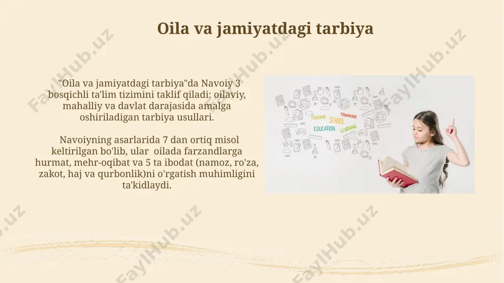 оп этилганлиги кузатилган. til va adabiyot ta'limi navoiyning ta'lim tizimiga oid fikrlari 15-asr xorazm va samarqanddagi maktablarning darsliklarini boyitishda muhim rol o'ynab, adabiyotshunoslik fannining rivojlanishiga sezilarli ta'sir ko'rsatgan. navoiyning "muhokamat ul-lug'atayn" asarida 15 asr samarqand madaniy muhitini aks ettiruvchi til va adabiyot ta'limi metodologiyasi bayon etilgan bo'lib, turkiy va fors tillarini o'rganish usullariga oid qimmatli maslahatlar berilgan. axloq tarbiyasi navoiy, "muhokamat ul-lug'atayn" asarida, arab va fors tillarining boy leksik boyligi orqali 20 dan ortiq axloqiy tushunchalarni ta'riflash orqali, herat va samarqanddagi ta'lim tizimiga ta'sir ko'rsatgan. uning "xamsa" dostonlarida tasvirlangan qahramonlarning axloqiy xususiyatlari, 7 ta o'lchovli axloqiy mezonlar orqali, 16-asrda markaziy osiyo jamiyatining ideal shaxs modeli sifatida taqdim etilgan. insonparvarlik gʻoyalari navoiy "insonparvarlik gʻoyalari"da taʼlim-tarbiya masalasiga 3 bob ajratgan boʻlib, ularda bilim olishning ahamiyati, ijtimoiy mas'uliyat va 10 ga yaqin amaliy maslahatlar bayon etilgan. uning asarlarida, ayniqsa "xamsa"sida, inson qadr-qimmati 5 ta asosiy qahramonning muammolarini hal qilish orqali koʻrsatiladi, bu esa …